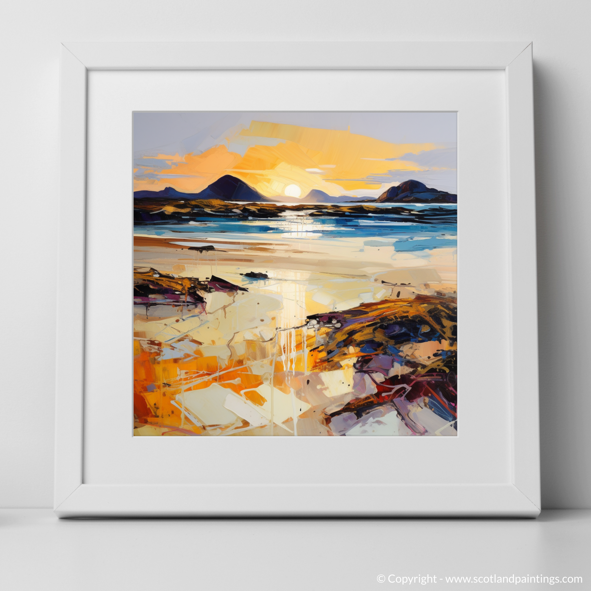 Art Print of Mellon Udrigle Beach at golden hour with a white frame