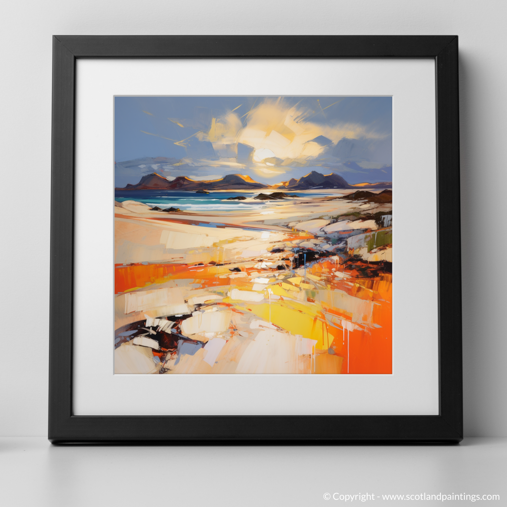 Art Print of Mellon Udrigle Beach at golden hour with a black frame