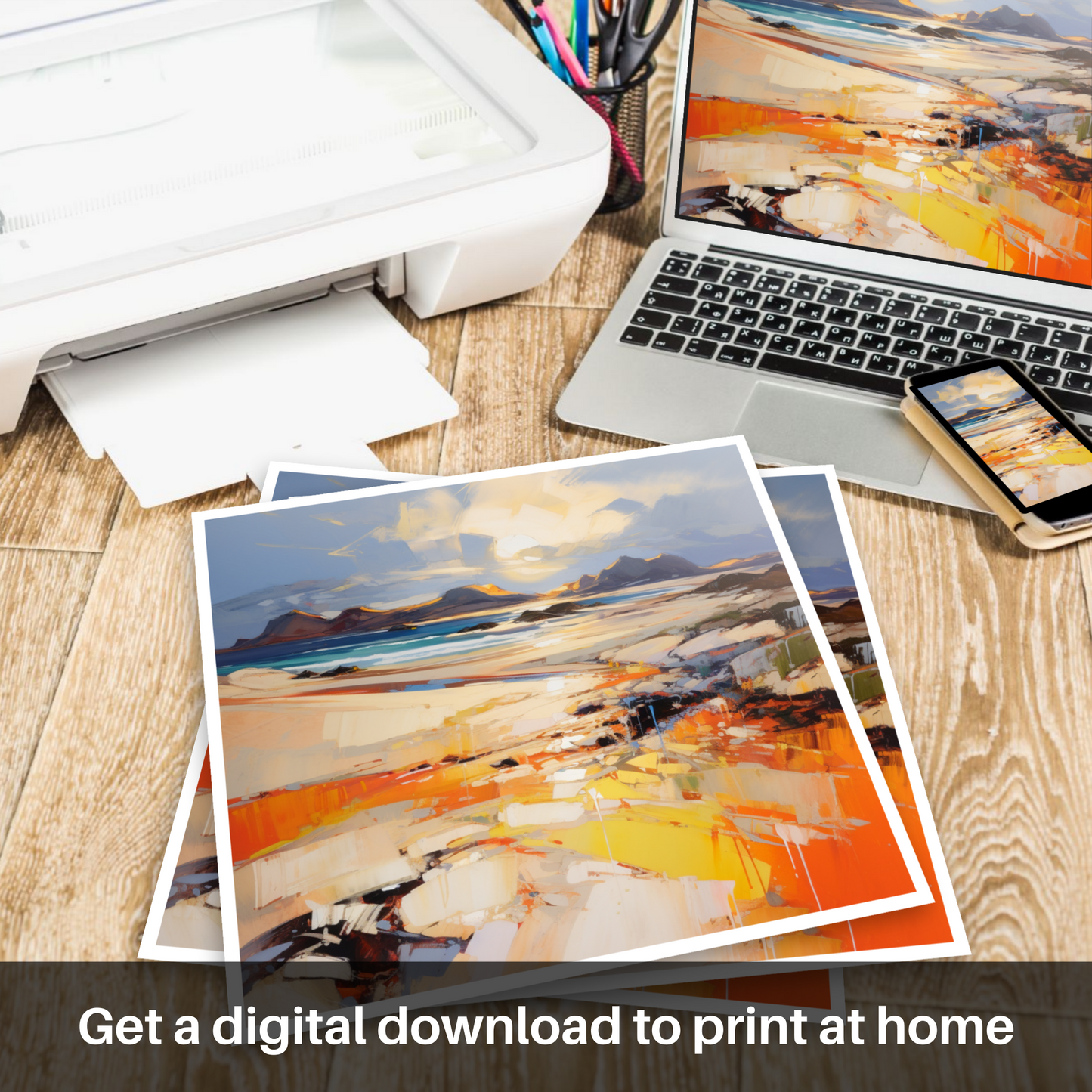 Downloadable and printable picture of Mellon Udrigle Beach at golden hour