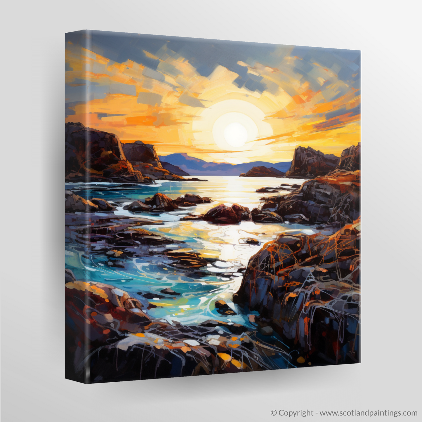 Painting and Art Print of Achmelvich Bay at golden hour. Golden Hour at Achmelvich Bay: An Expressionist Ode to Scottish Coves.