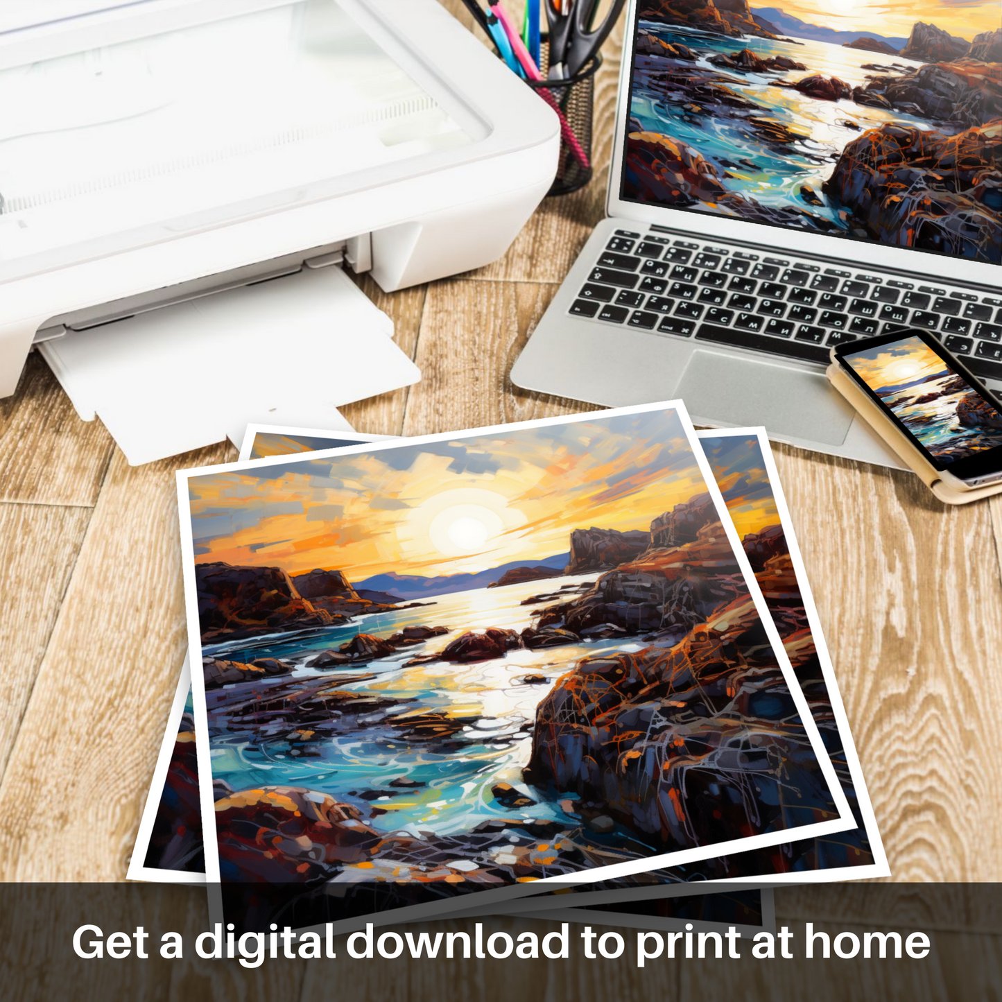 Painting and Art Print of Achmelvich Bay at golden hour. Golden Hour at Achmelvich Bay: An Expressionist Ode to Scottish Coves.