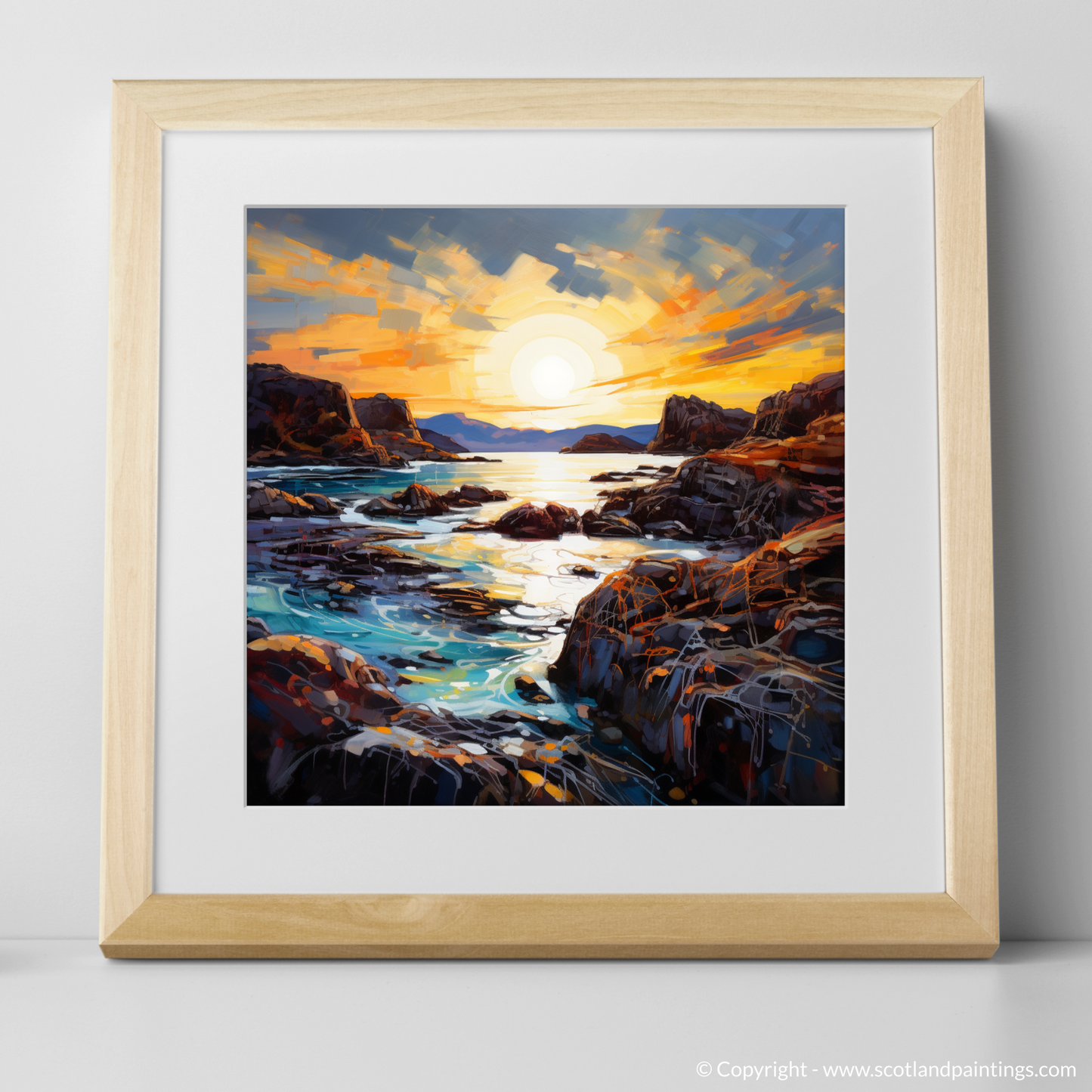Painting and Art Print of Achmelvich Bay at golden hour. Golden Hour at Achmelvich Bay: An Expressionist Ode to Scottish Coves.