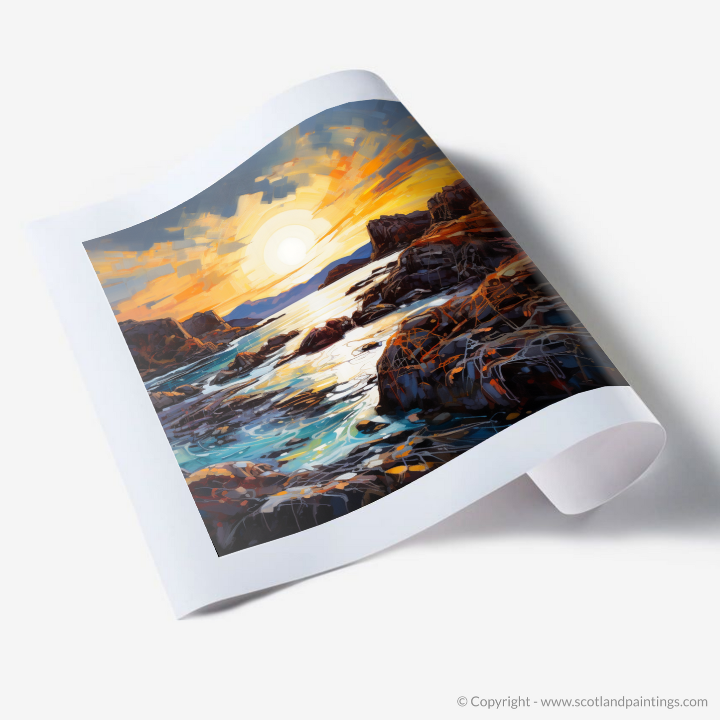 Painting and Art Print of Achmelvich Bay at golden hour. Golden Hour at Achmelvich Bay: An Expressionist Ode to Scottish Coves.