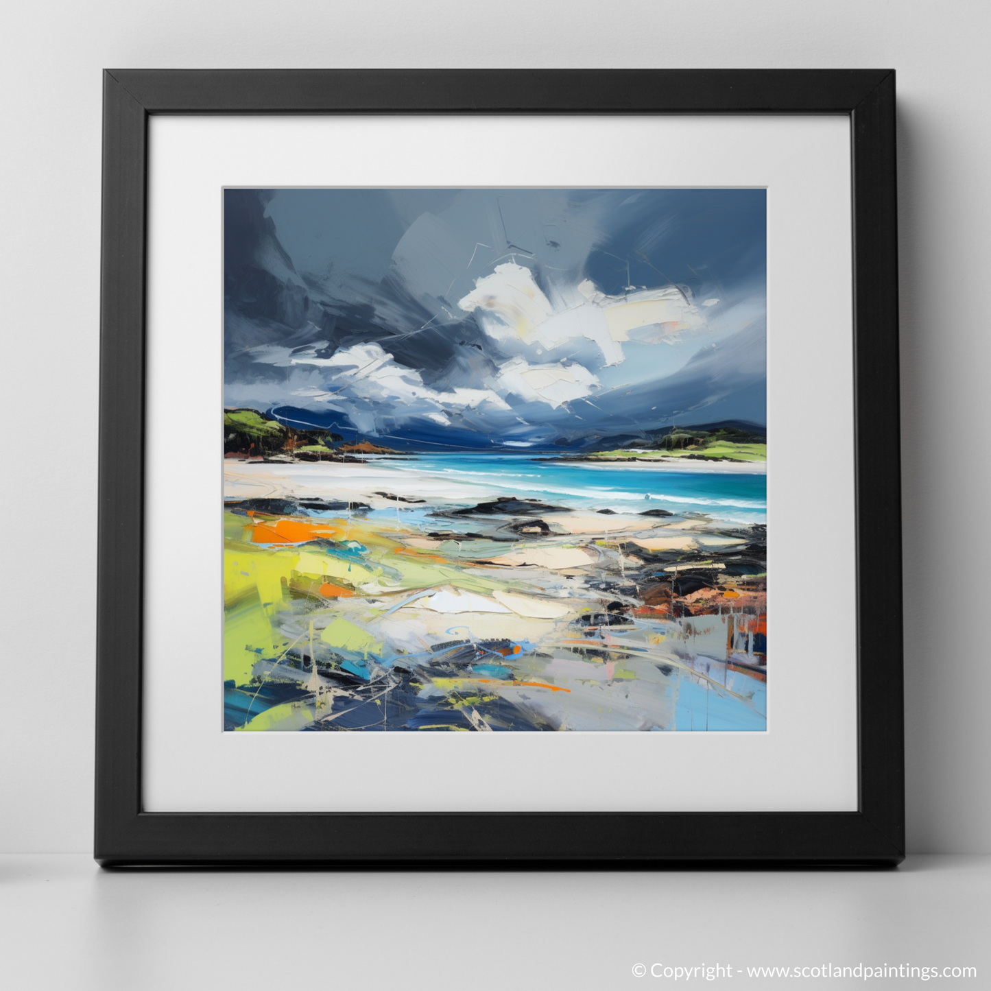 Art Print of Arisaig Beach with a stormy sky with a black frame
