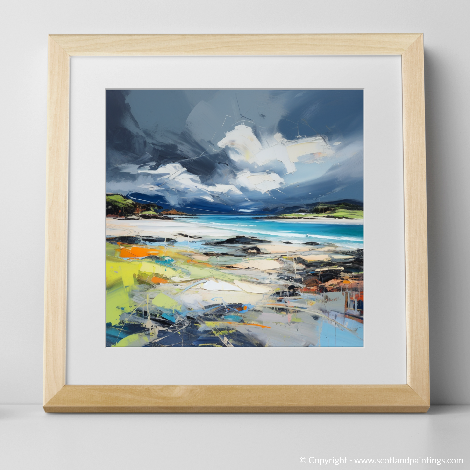 Art Print of Arisaig Beach with a stormy sky with a natural frame