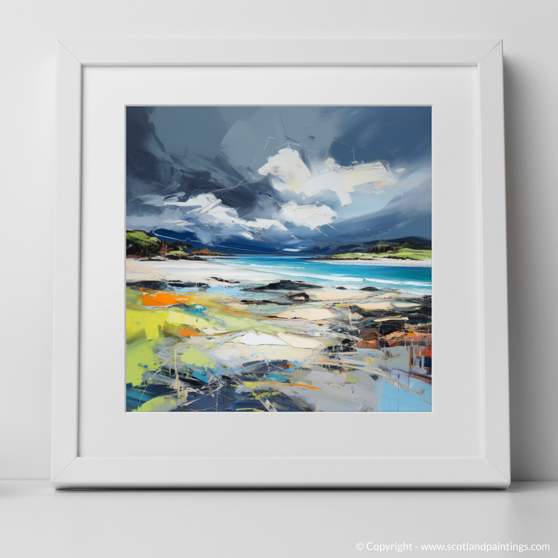 Art Print of Arisaig Beach with a stormy sky with a white frame