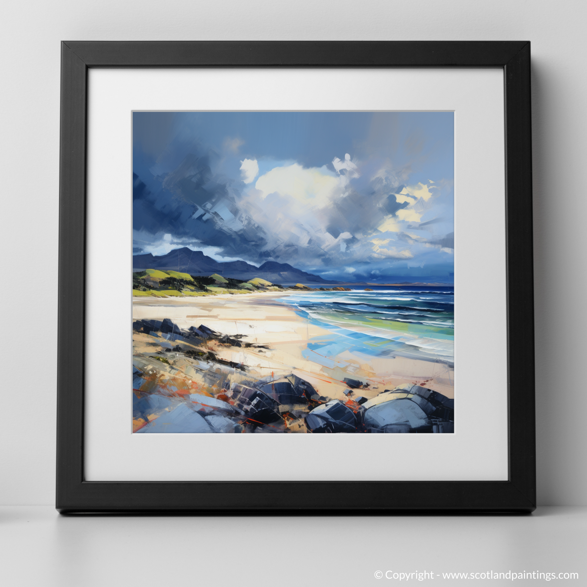 Art Print of Arisaig Beach with a stormy sky with a black frame