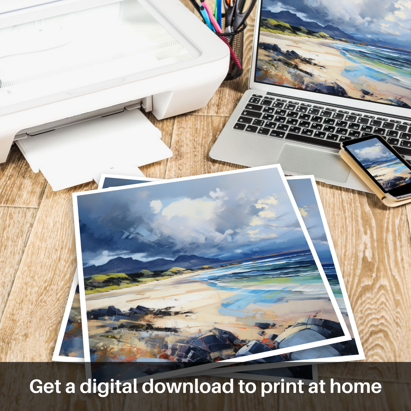 Downloadable and printable picture of Arisaig Beach with a stormy sky