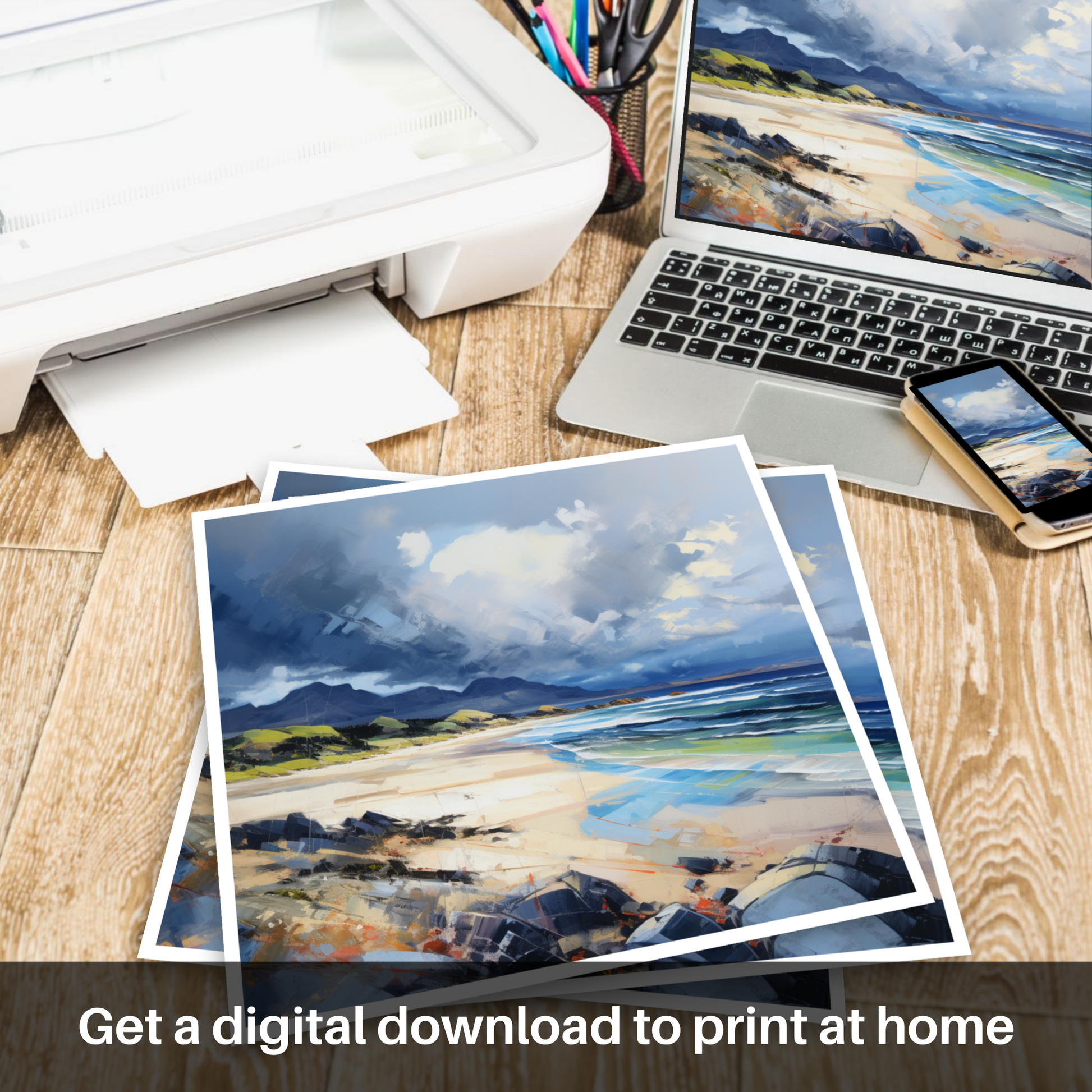 Downloadable and printable picture of Arisaig Beach with a stormy sky