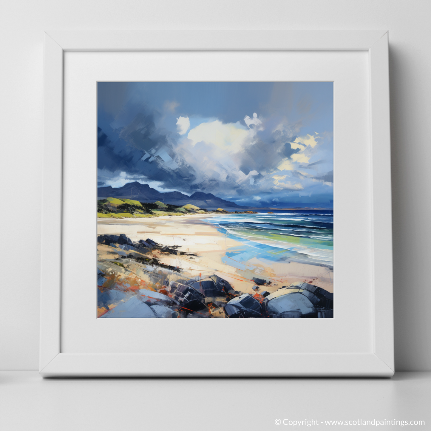 Art Print of Arisaig Beach with a stormy sky with a white frame