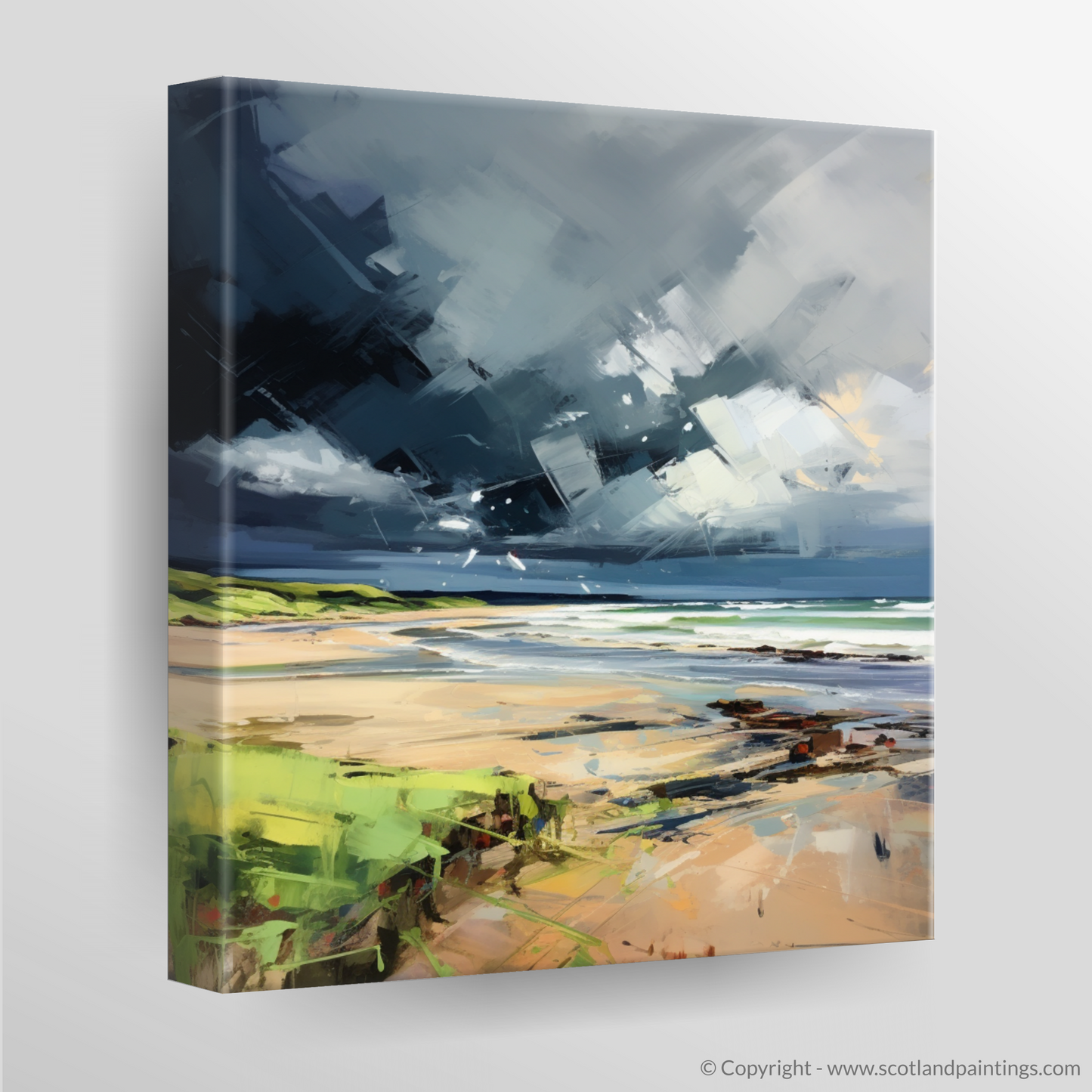 Painting and Art Print of Gullane Beach with a stormy sky. Storm's Embrace: An Expressionist Ode to Gullane Beach.