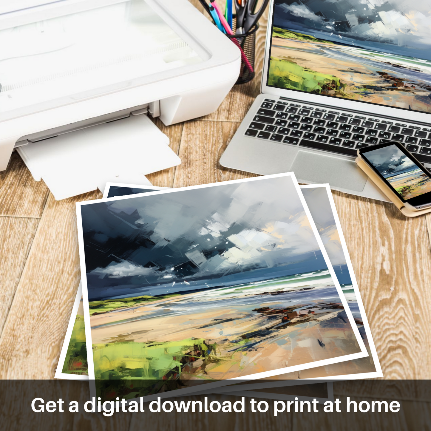 Painting and Art Print of Gullane Beach with a stormy sky. Storm's Embrace: An Expressionist Ode to Gullane Beach.