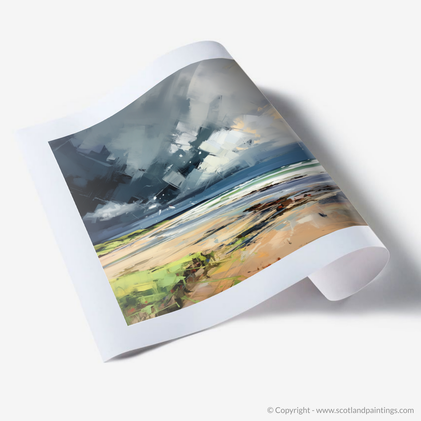 Painting and Art Print of Gullane Beach with a stormy sky. Storm's Embrace: An Expressionist Ode to Gullane Beach.