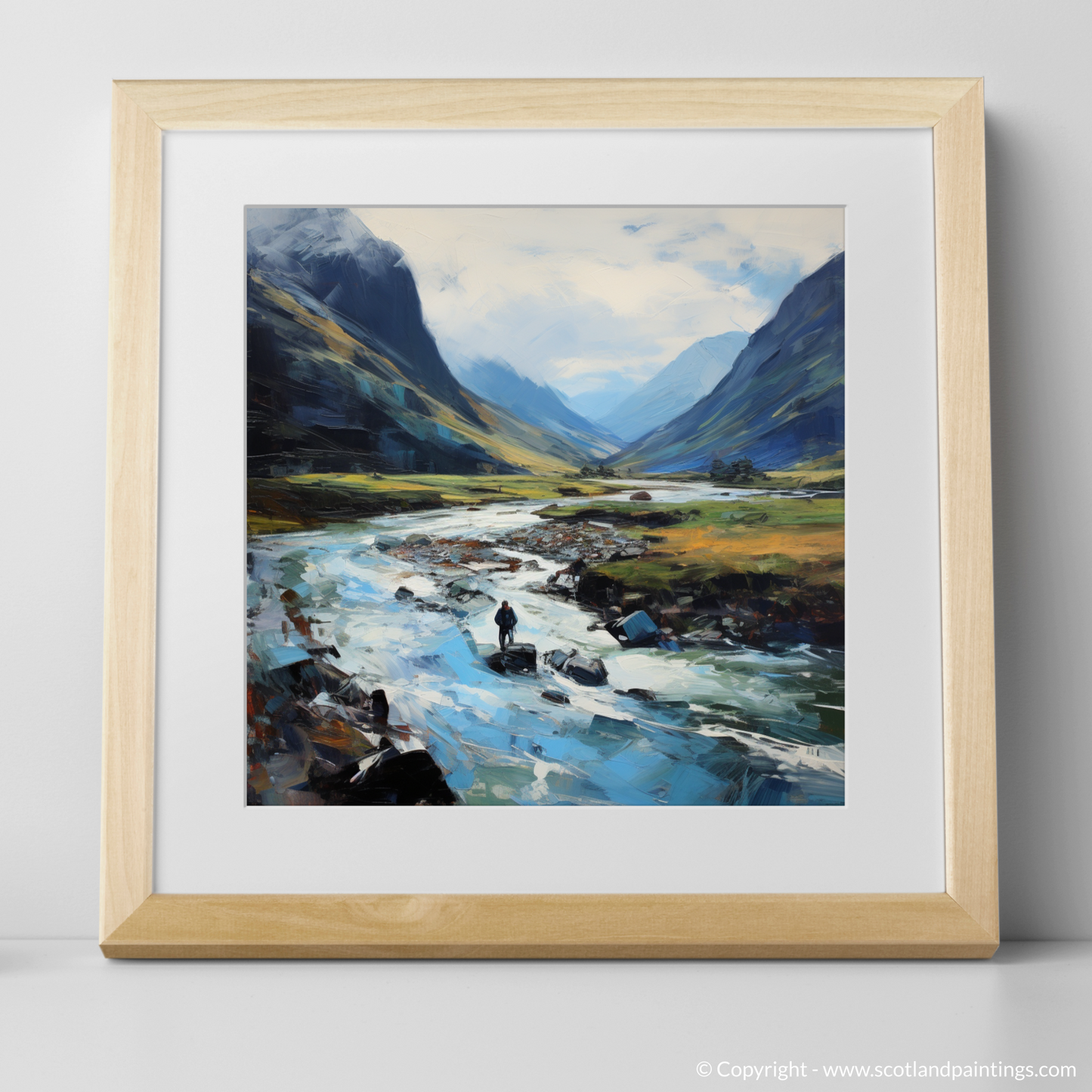 Art Print of Walker crossing River Coe in Glencoe with a natural frame