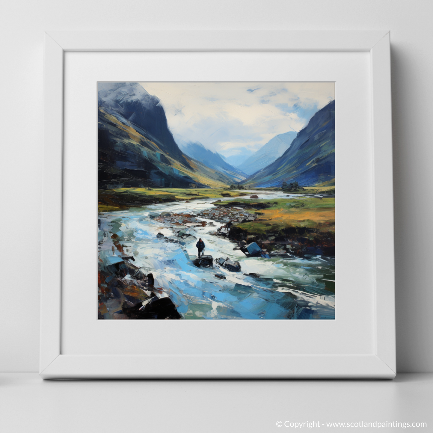 Art Print of Walker crossing River Coe in Glencoe with a white frame
