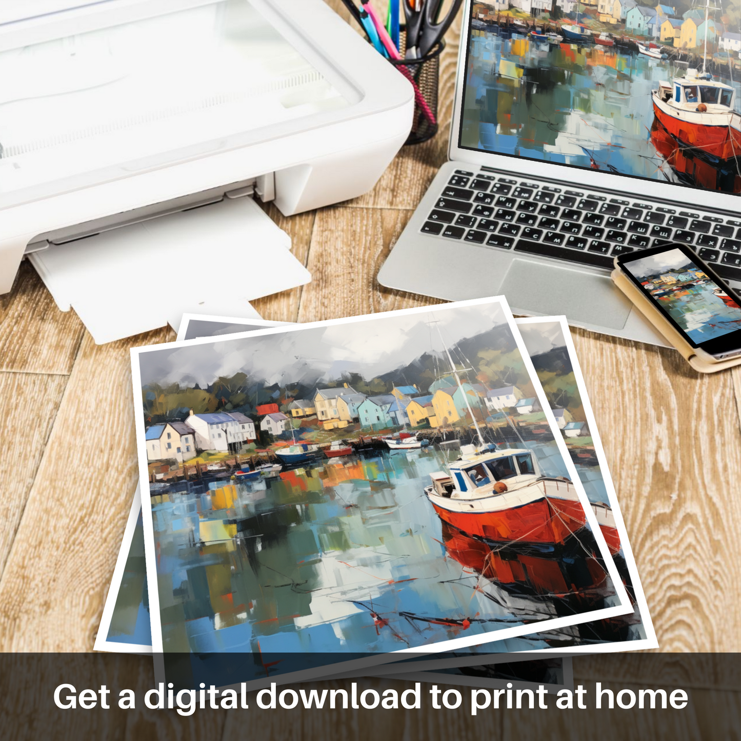 Downloadable and printable picture of Tarbert Marina with a stormy sky