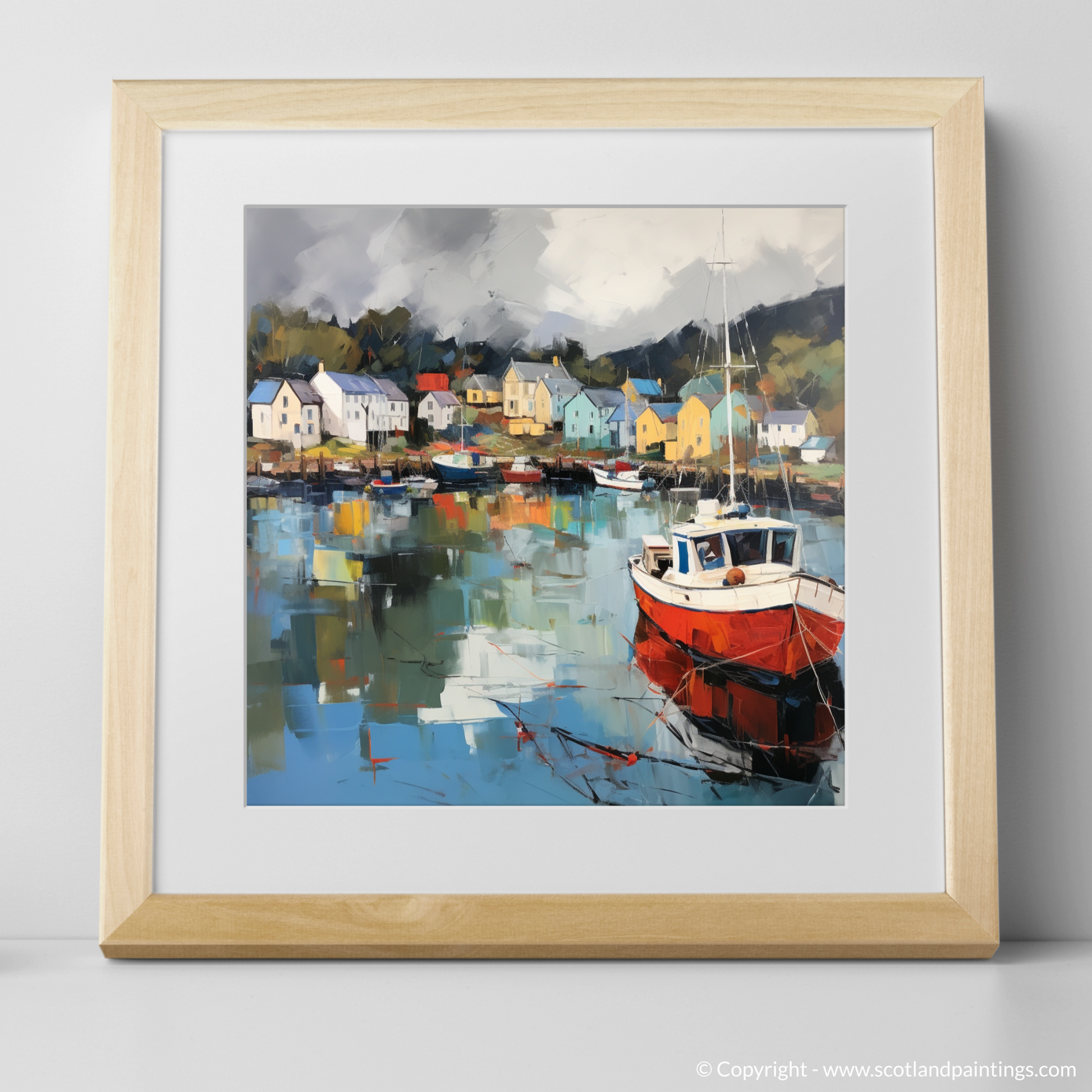 Art Print of Tarbert Marina with a stormy sky with a natural frame