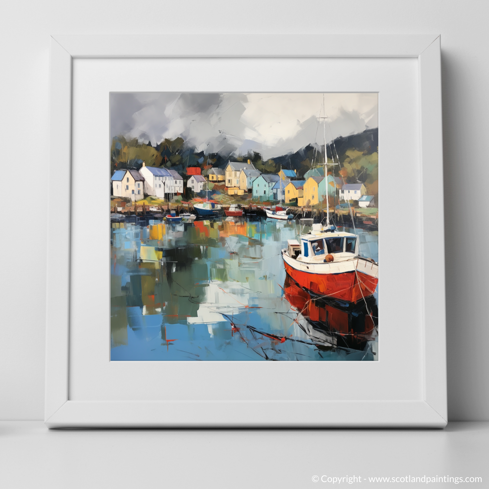 Art Print of Tarbert Marina with a stormy sky with a white frame