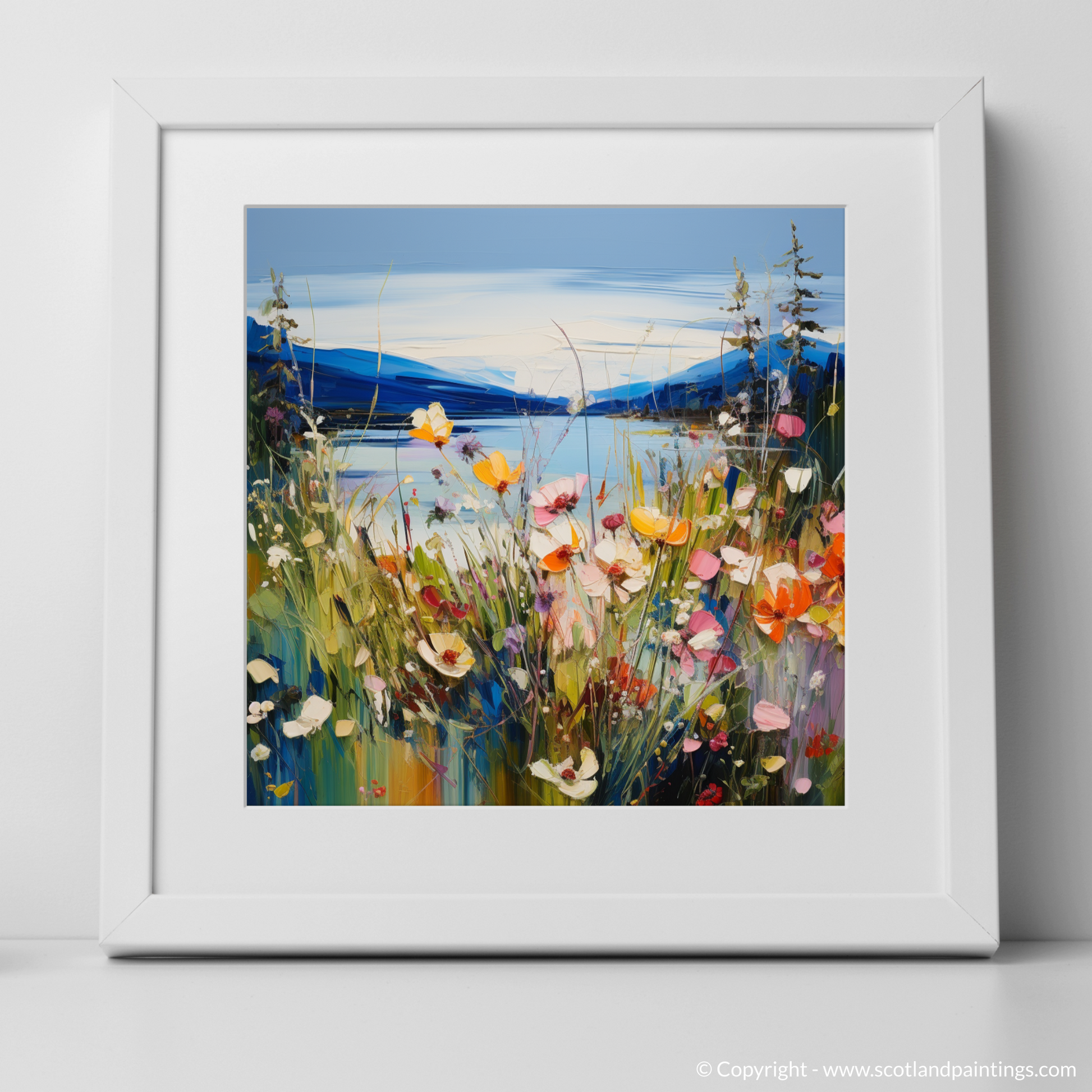 Art Print of Wildflowers by Loch Lomond with a white frame