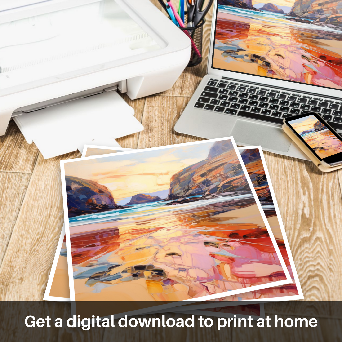 Downloadable and printable picture of Sandwood Bay at golden hour