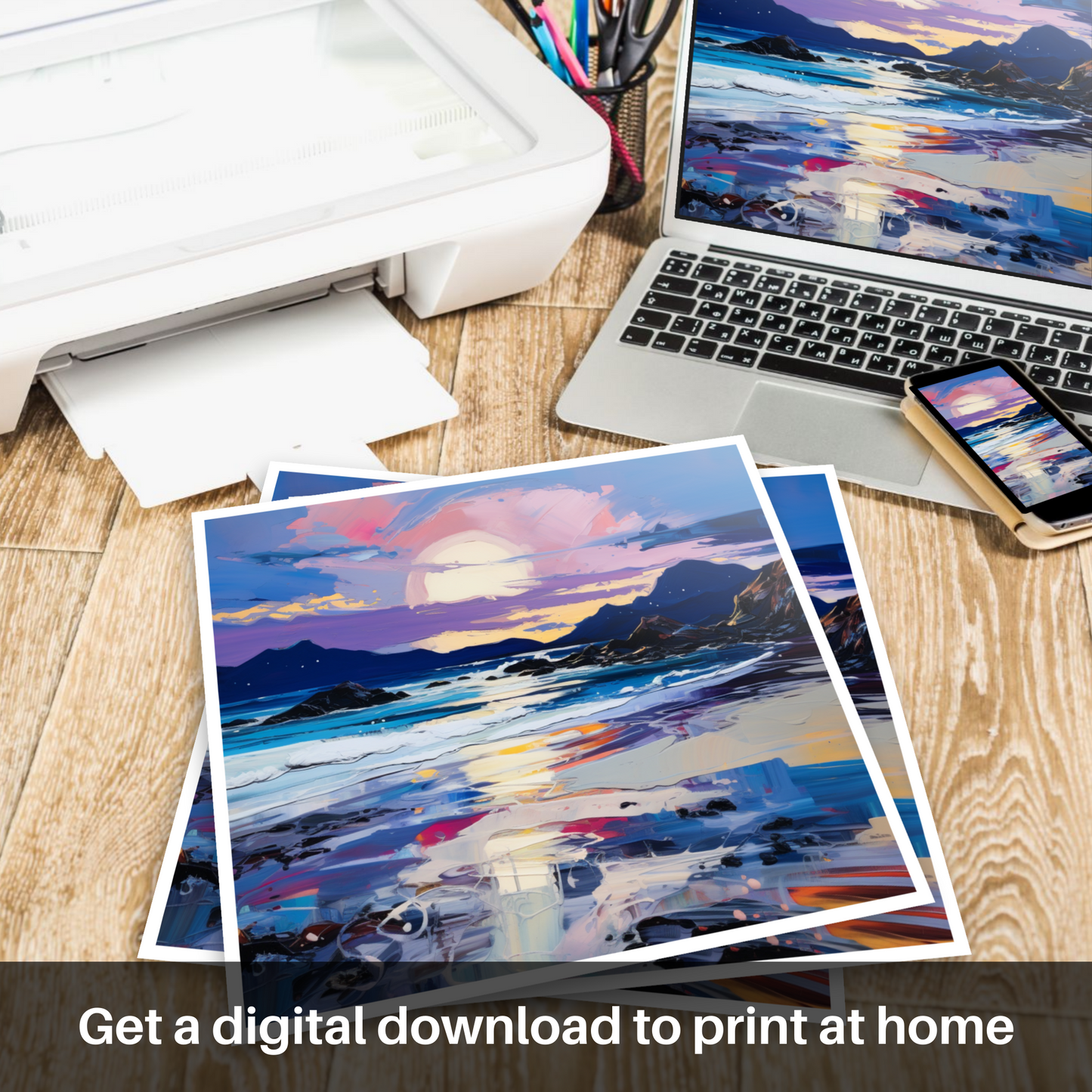 Downloadable and printable picture of Seilebost Beach at dusk