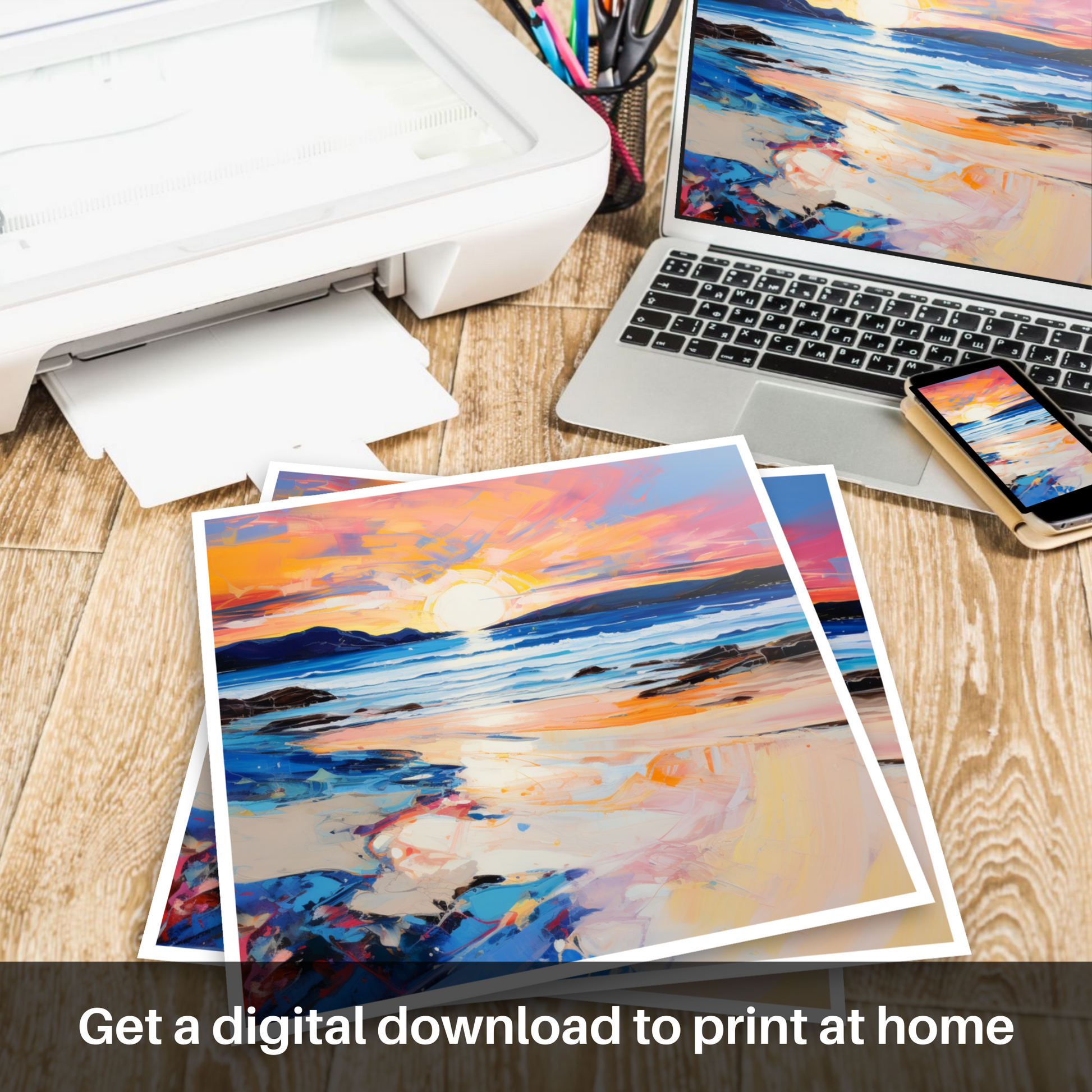 Downloadable and printable picture of Traigh Mhor at sunset