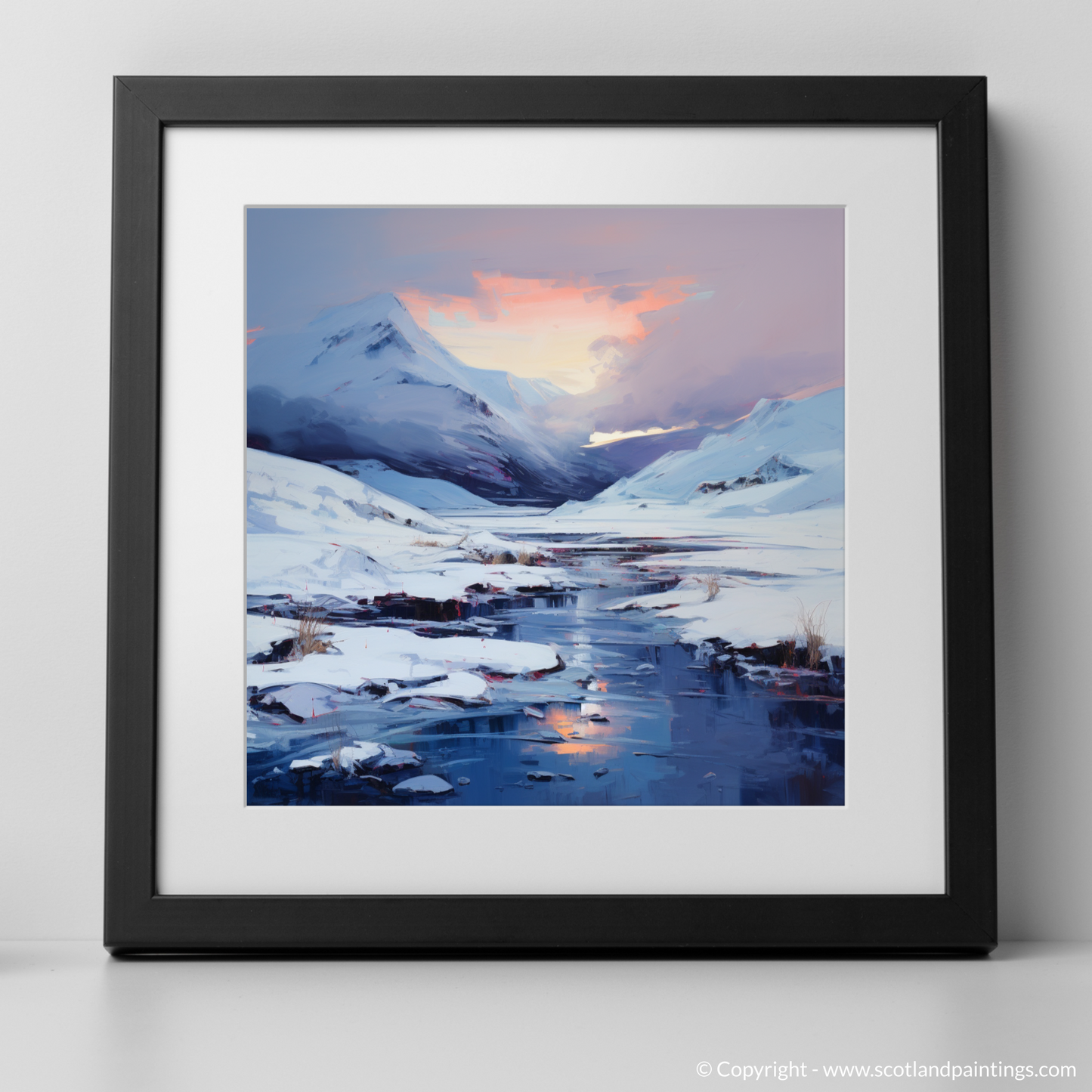 Art Print of Pristine snow at dusk in Glencoe with a black frame