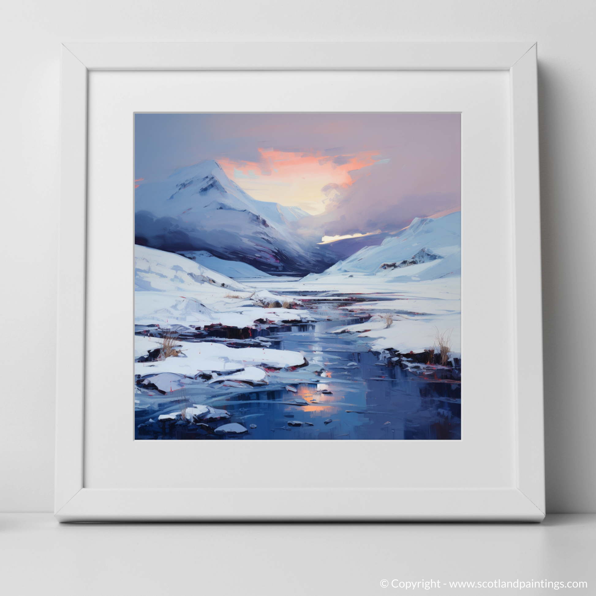 Art Print of Pristine snow at dusk in Glencoe with a white frame