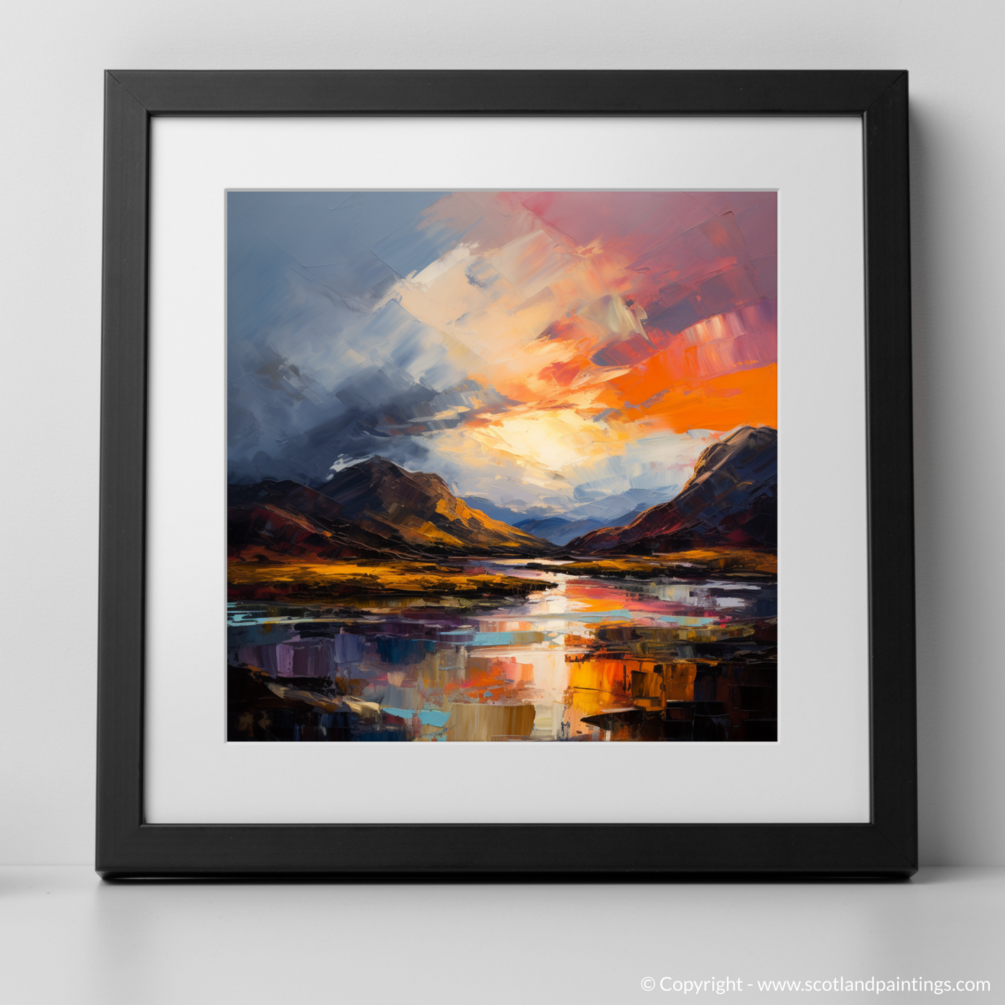 Art Print of Moody clouds at sunset in Glencoe with a black frame