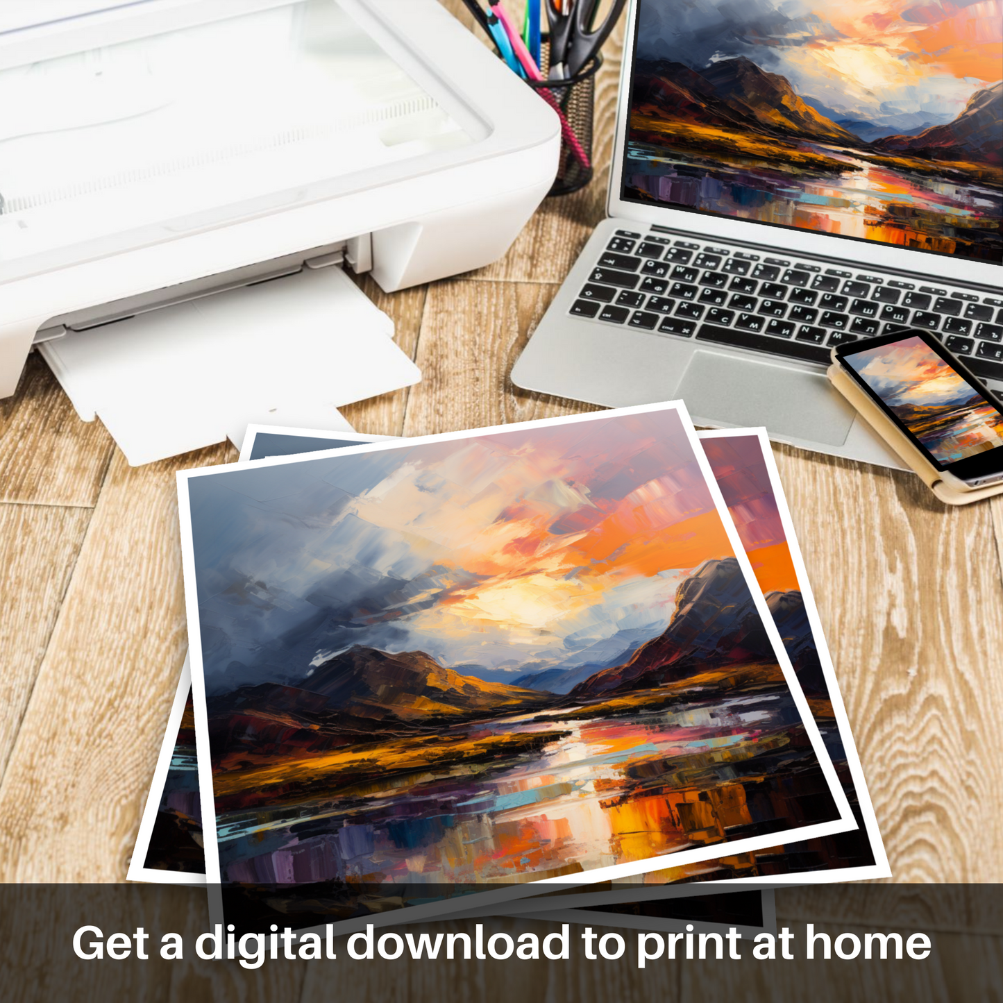 Downloadable and printable picture of Moody clouds at sunset in Glencoe