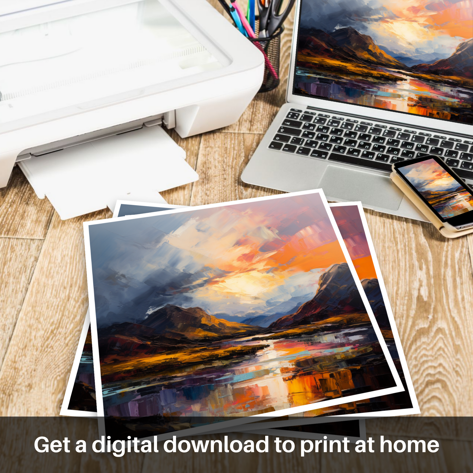 Downloadable and printable picture of Moody clouds at sunset in Glencoe