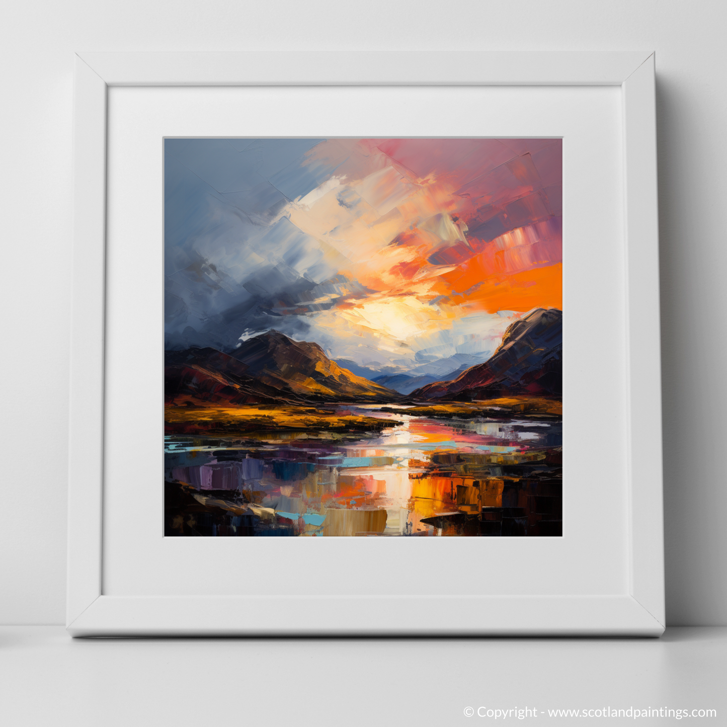 Art Print of Moody clouds at sunset in Glencoe with a white frame