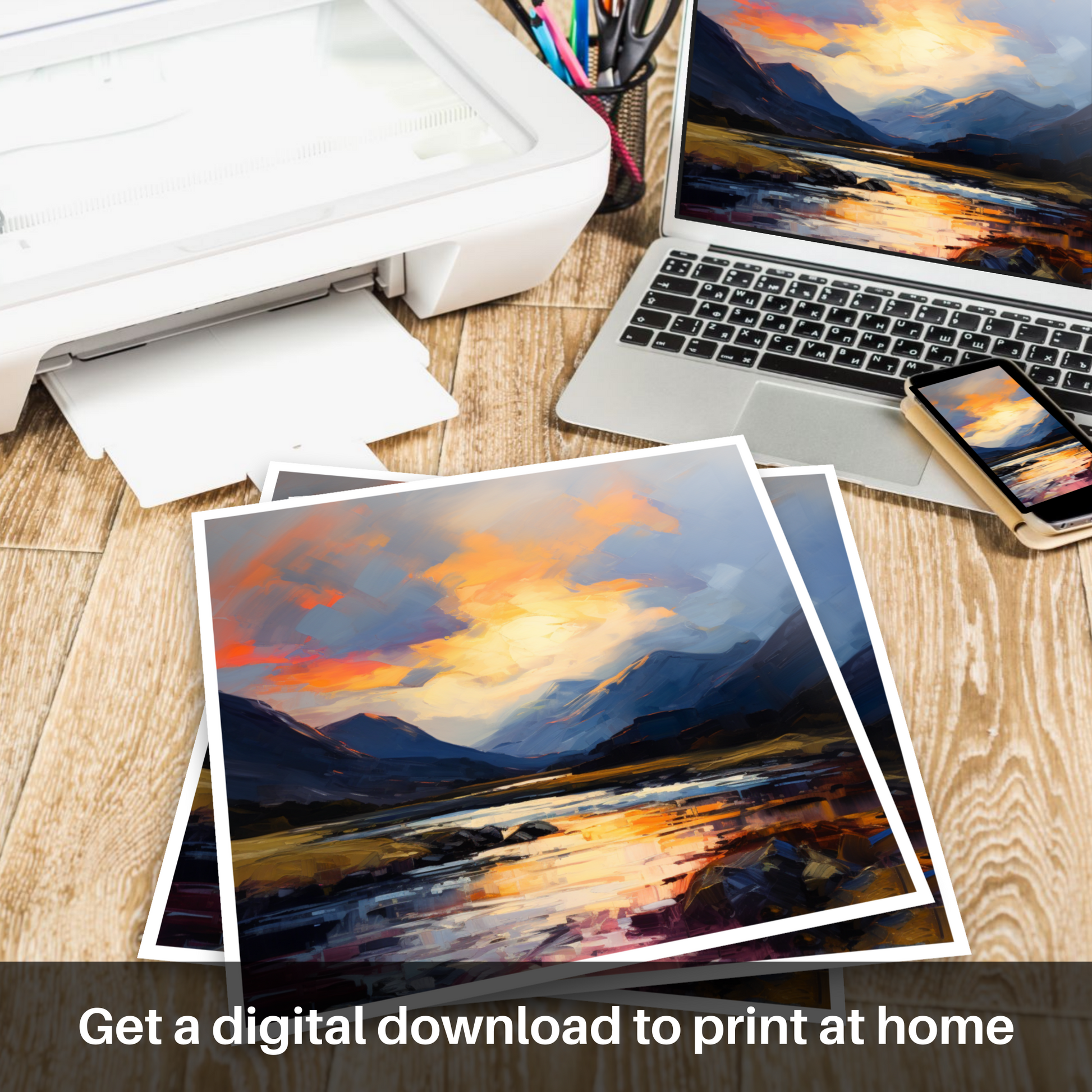 Downloadable and printable picture of Moody clouds at sunset in Glencoe