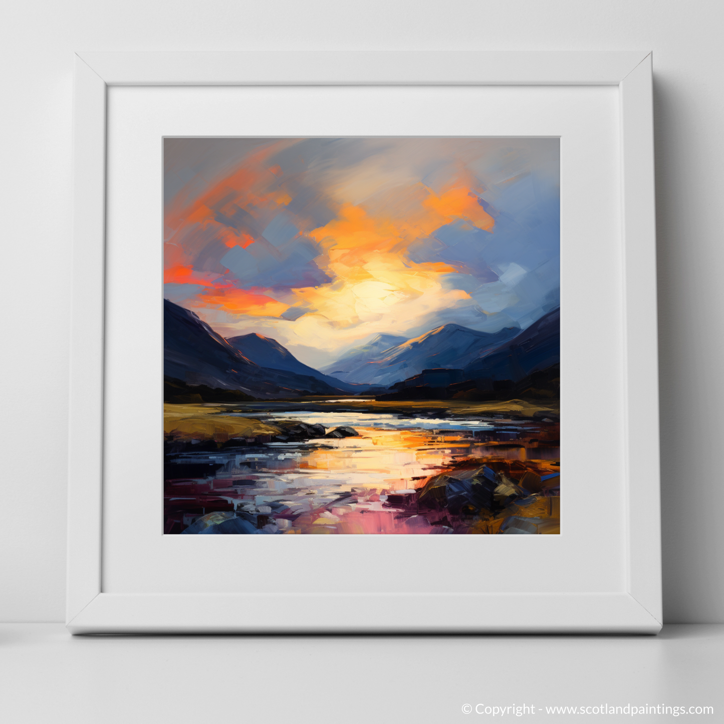 Art Print of Moody clouds at sunset in Glencoe with a white frame