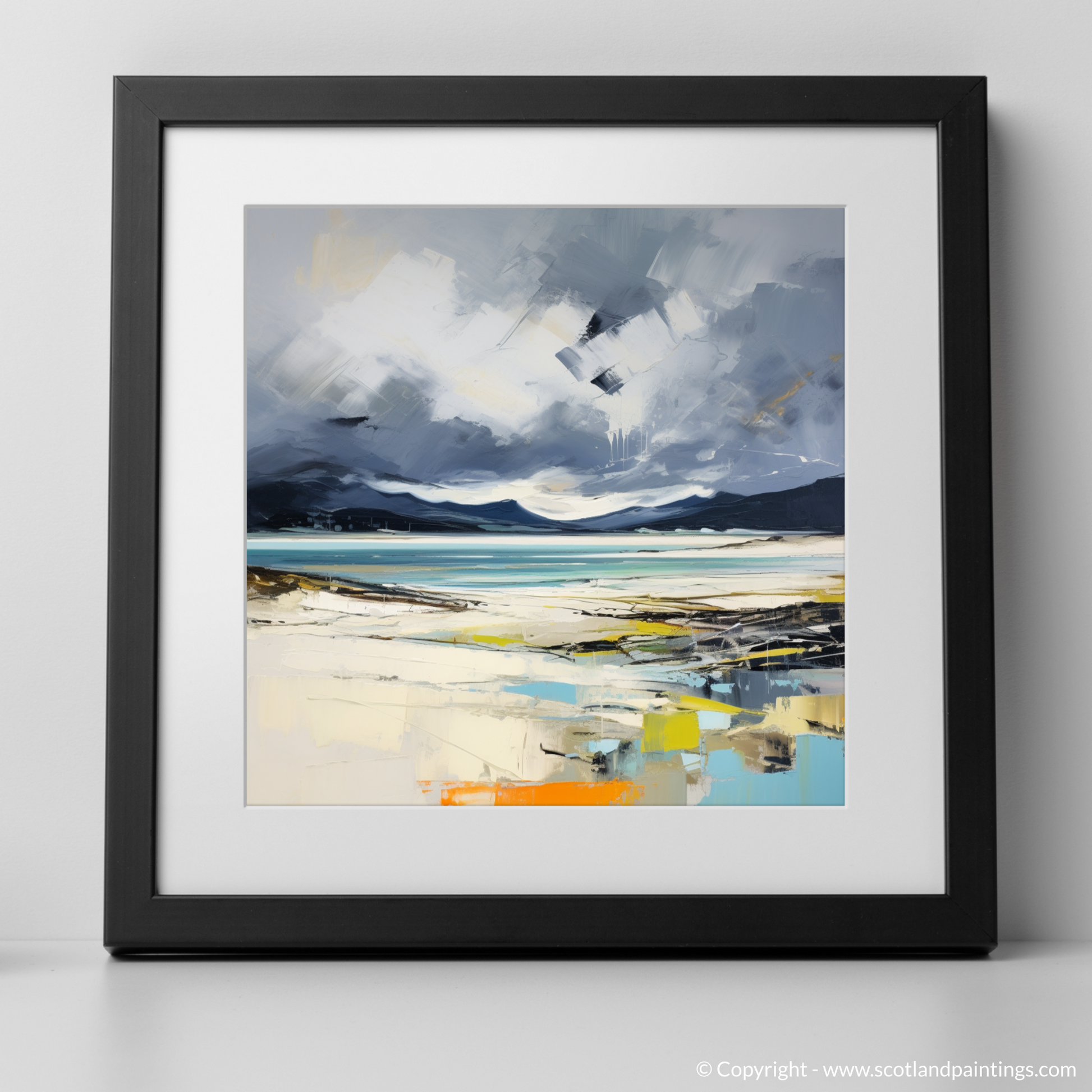 Art Print of Luskentyre Beach with a stormy sky with a black frame