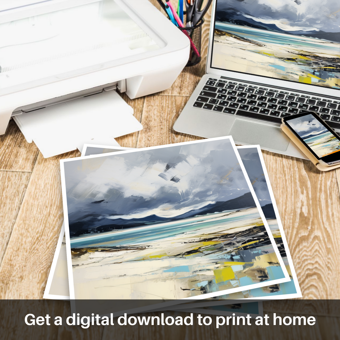 Downloadable and printable picture of Luskentyre Beach with a stormy sky