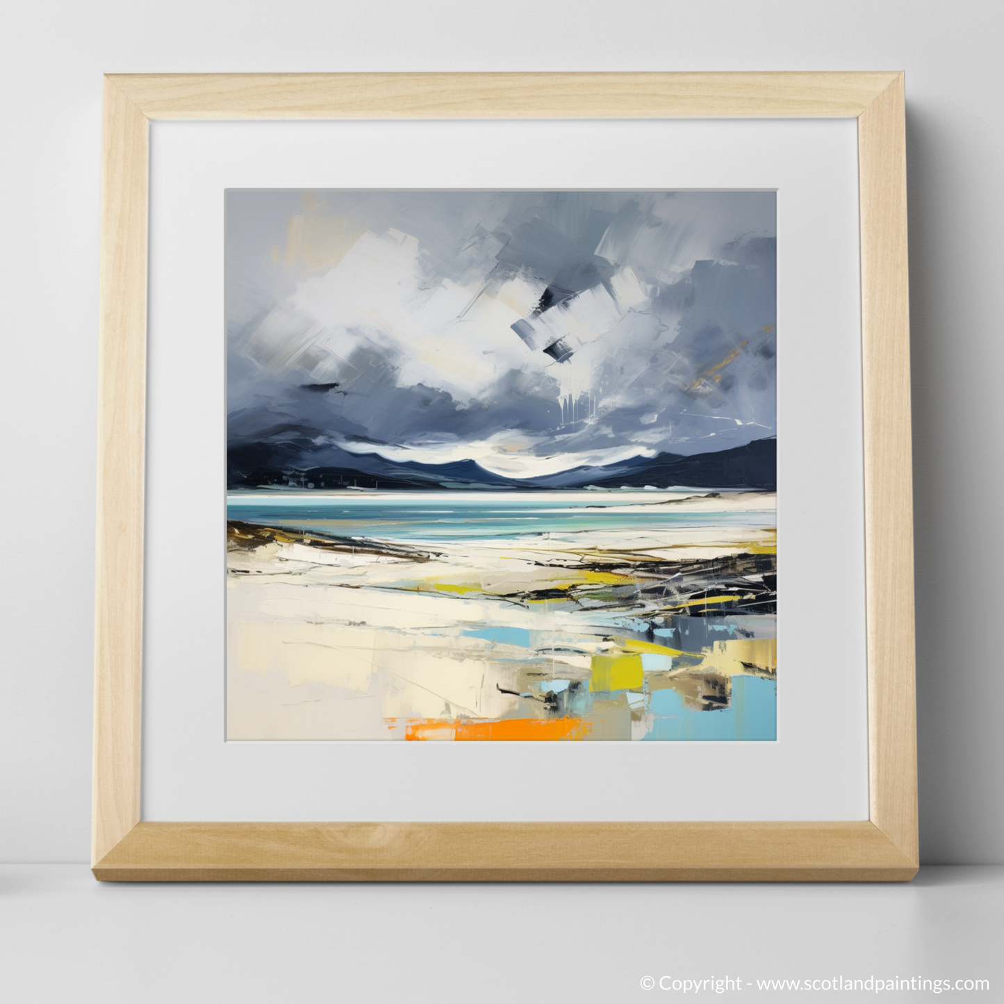 Art Print of Luskentyre Beach with a stormy sky with a natural frame