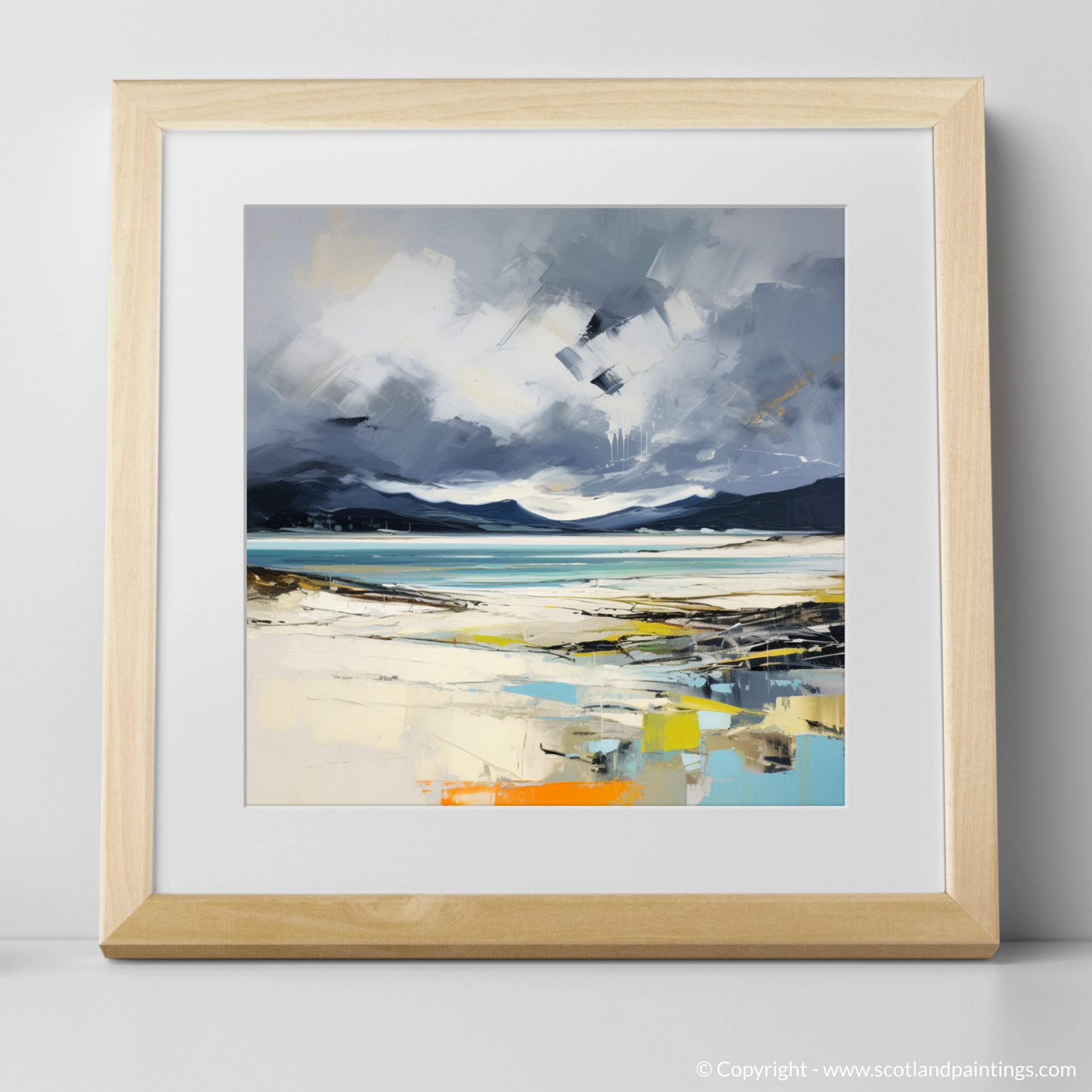 Art Print of Luskentyre Beach with a stormy sky with a natural frame