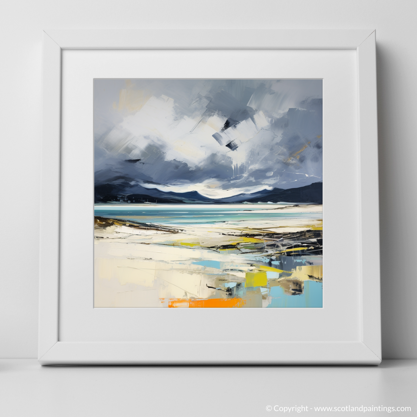 Art Print of Luskentyre Beach with a stormy sky with a white frame