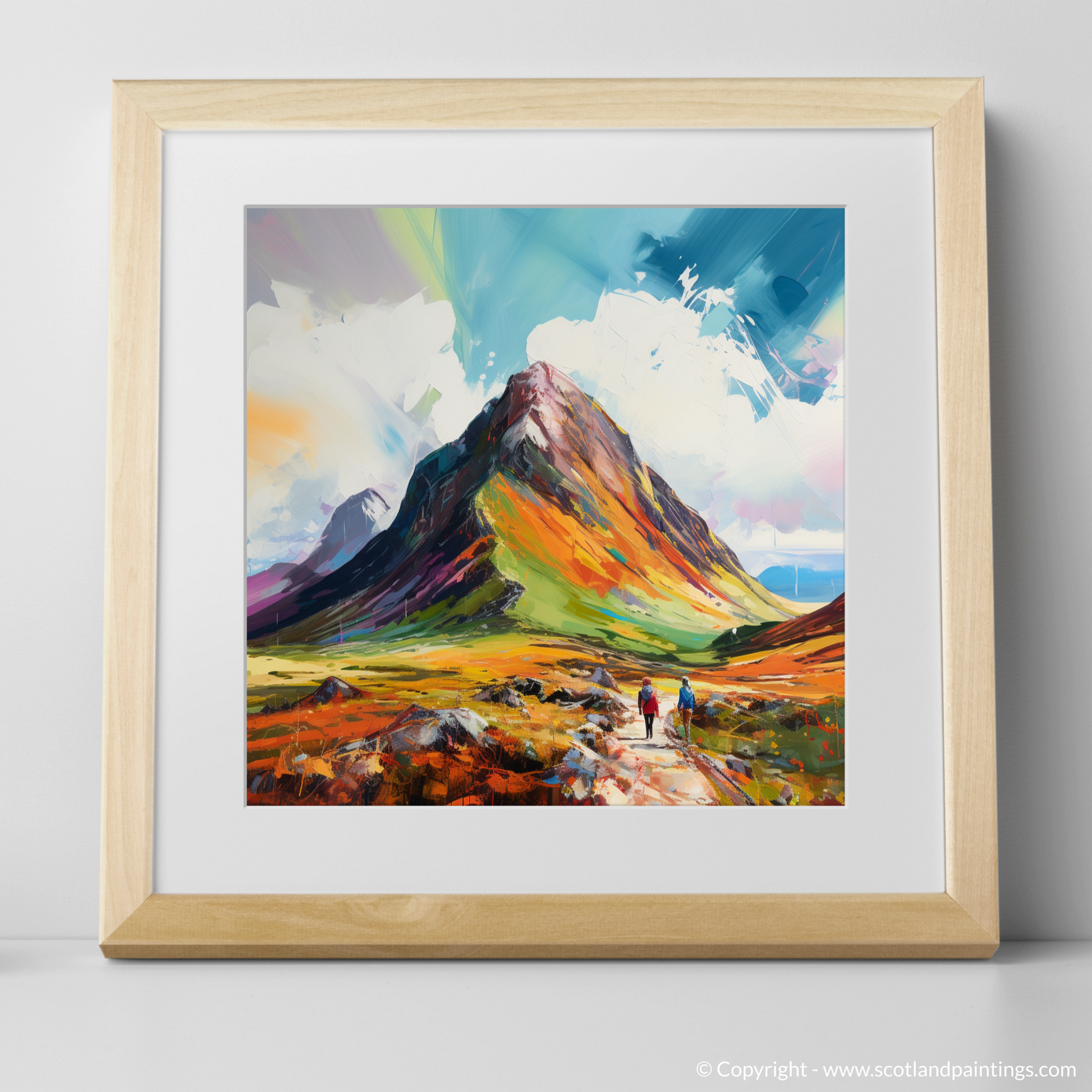 Art Print of Hikers at Buachaille summit in Glencoe with a natural frame
