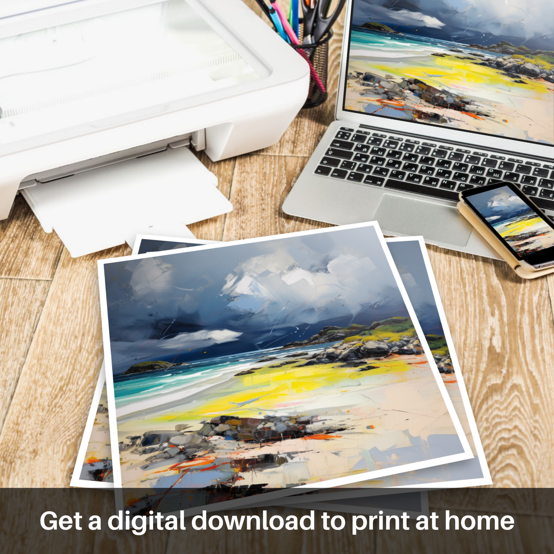 Downloadable and printable picture of Arisaig Beach with a stormy sky