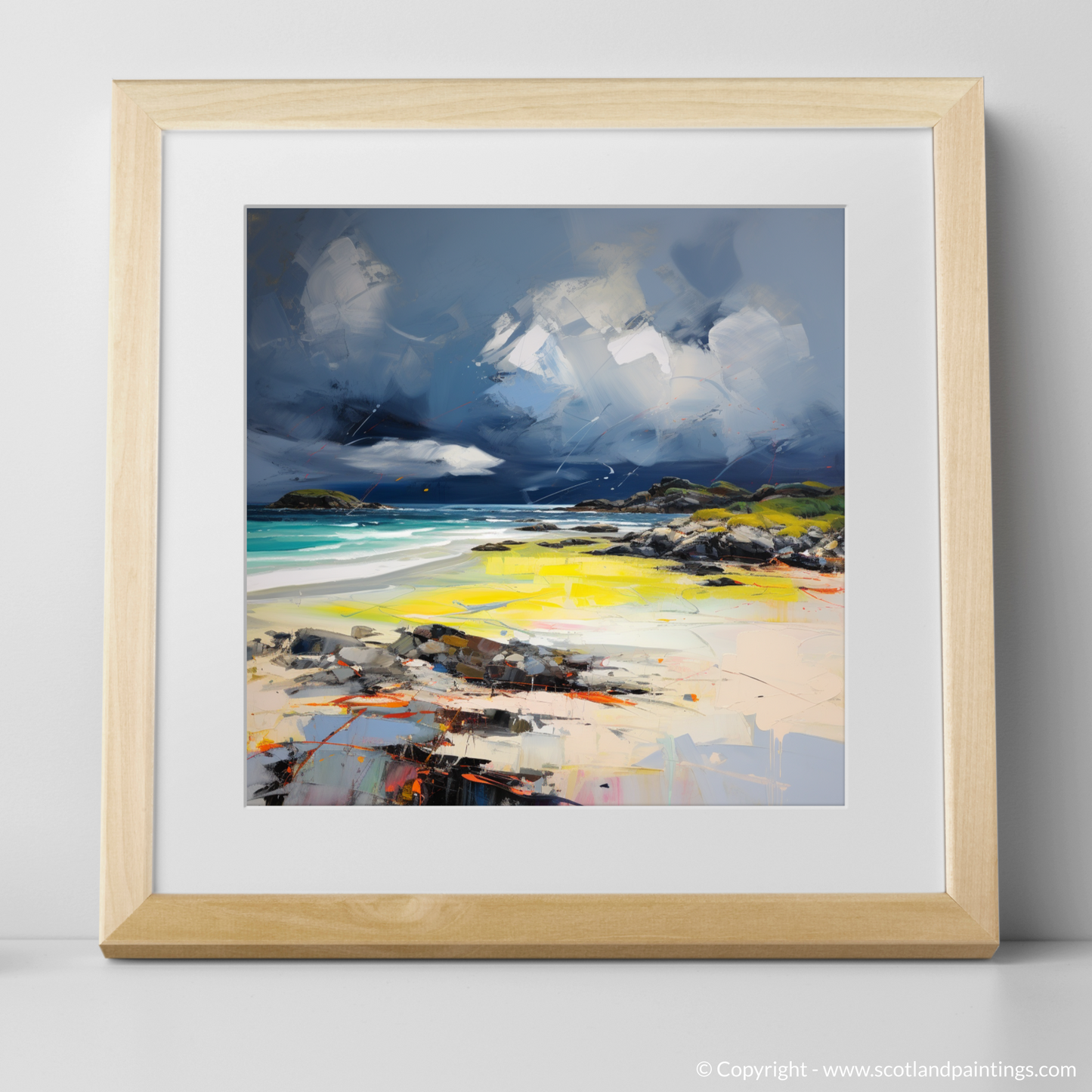 Art Print of Arisaig Beach with a stormy sky with a natural frame