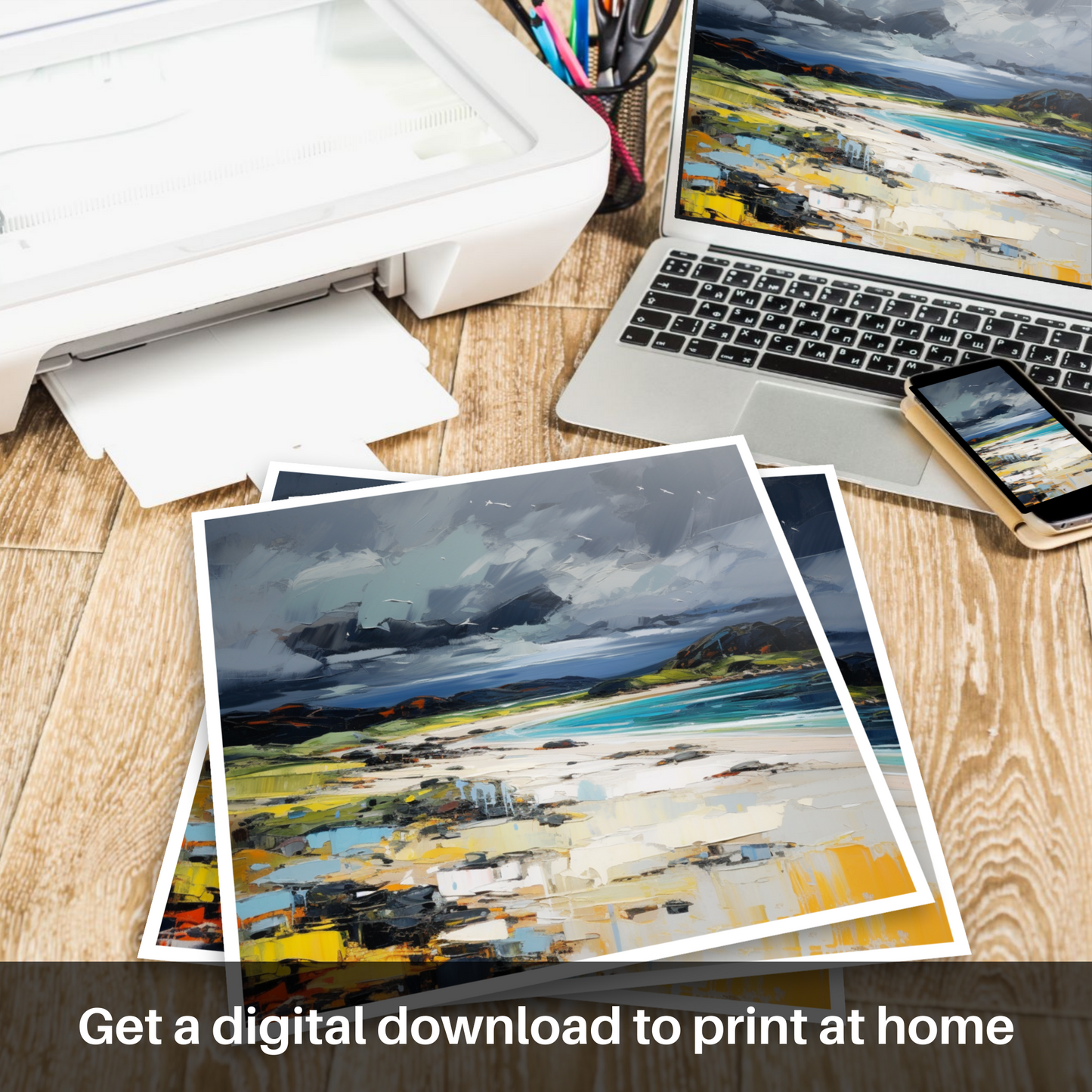 Downloadable and printable picture of Arisaig Beach with a stormy sky