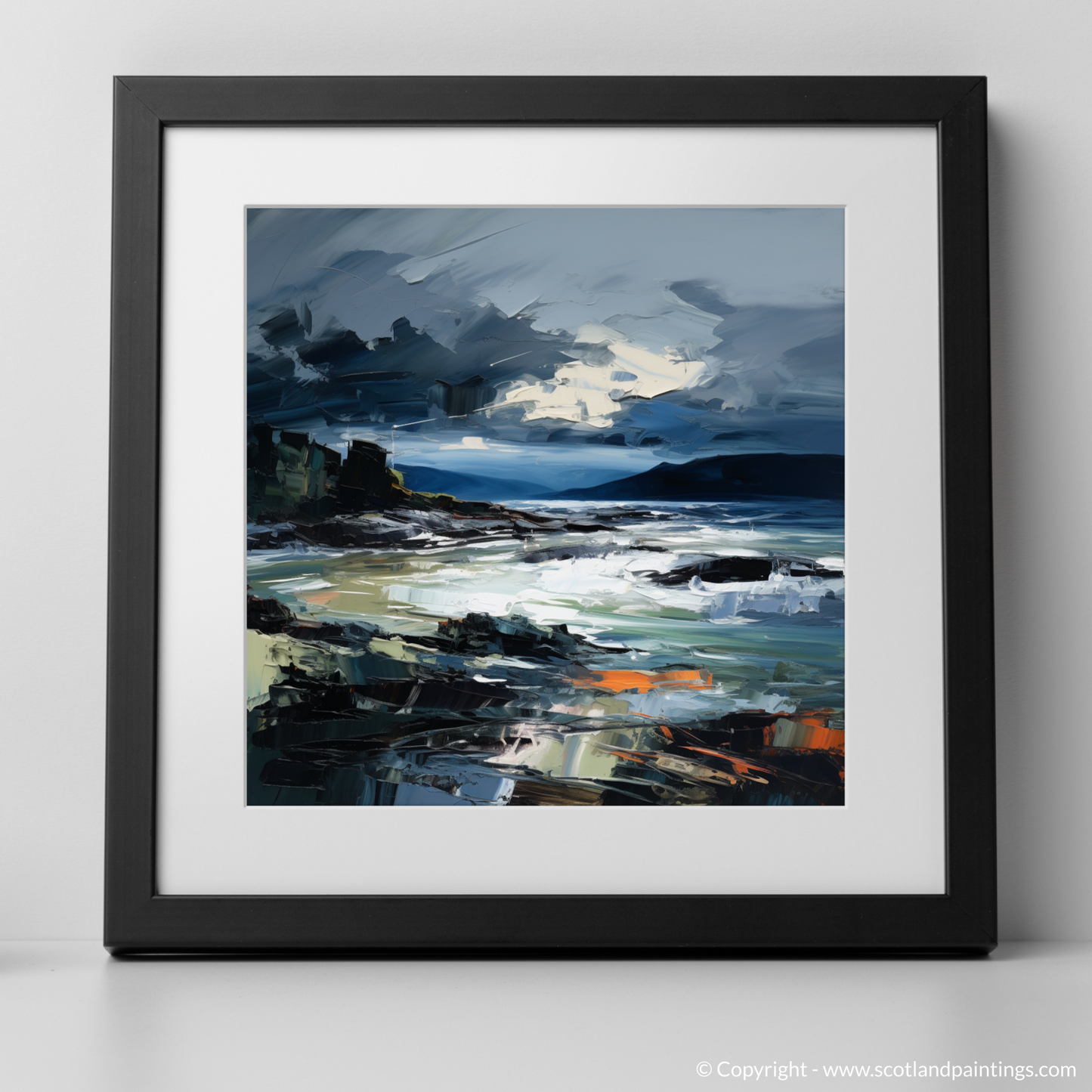 Art Print of Ardtun Bay with a stormy sky with a black frame