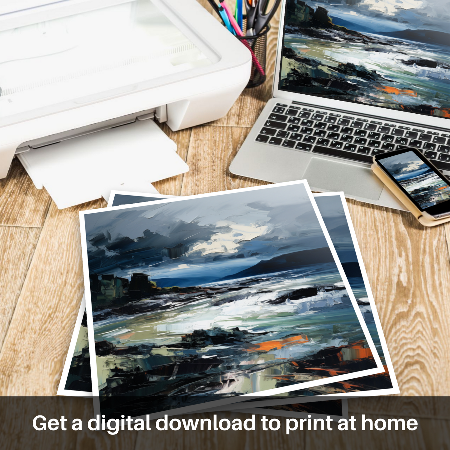 Downloadable and printable picture of Ardtun Bay with a stormy sky