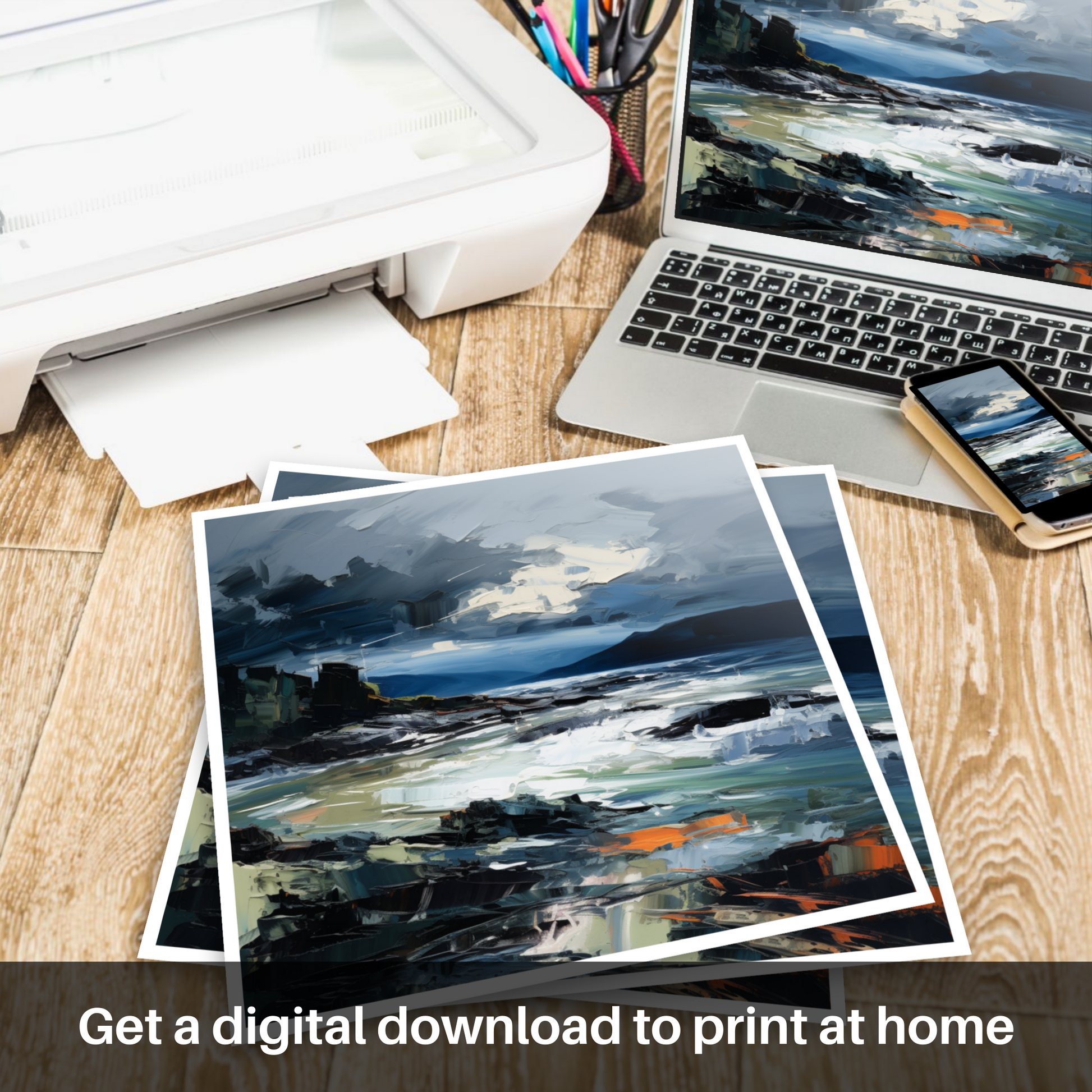 Downloadable and printable picture of Ardtun Bay with a stormy sky