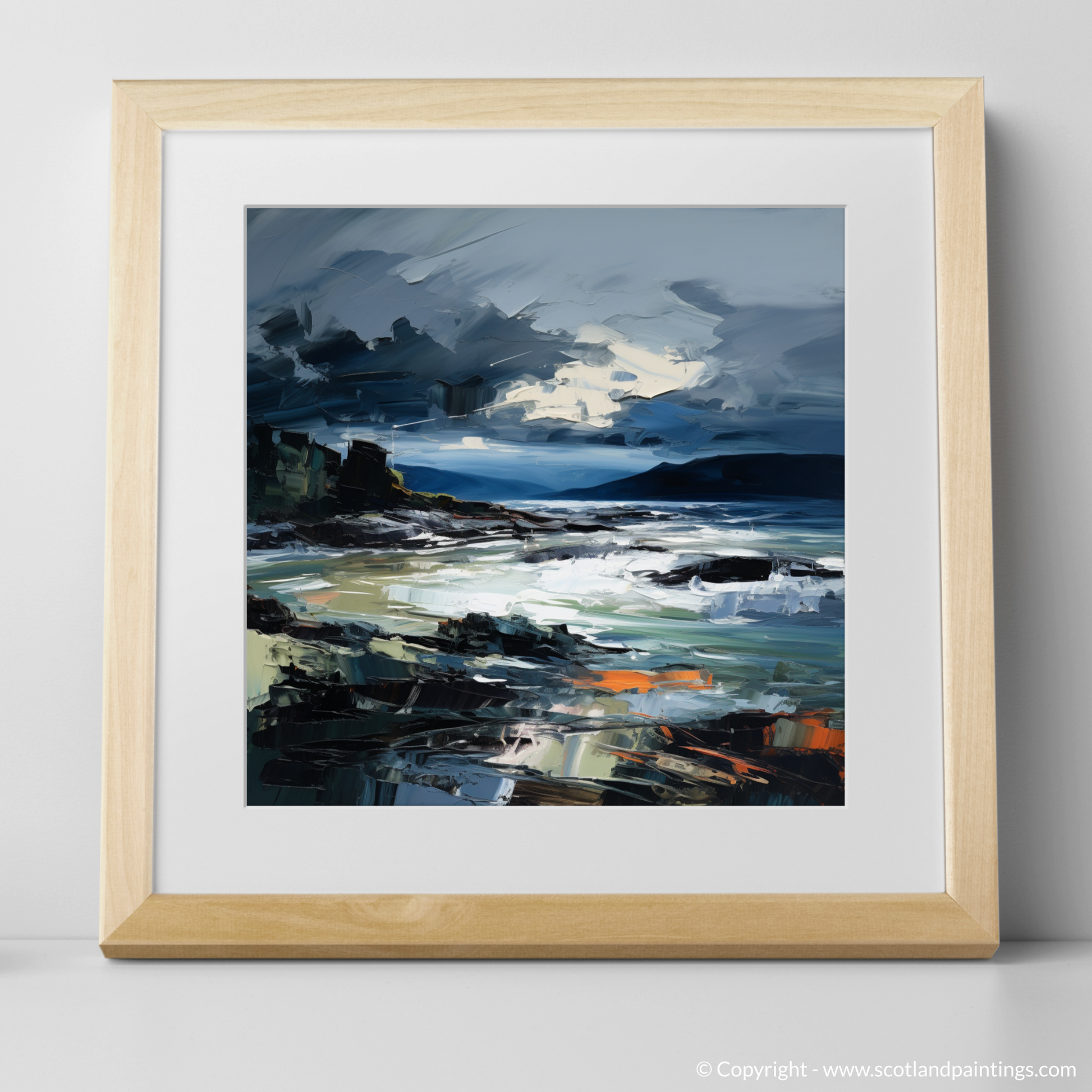 Art Print of Ardtun Bay with a stormy sky with a natural frame