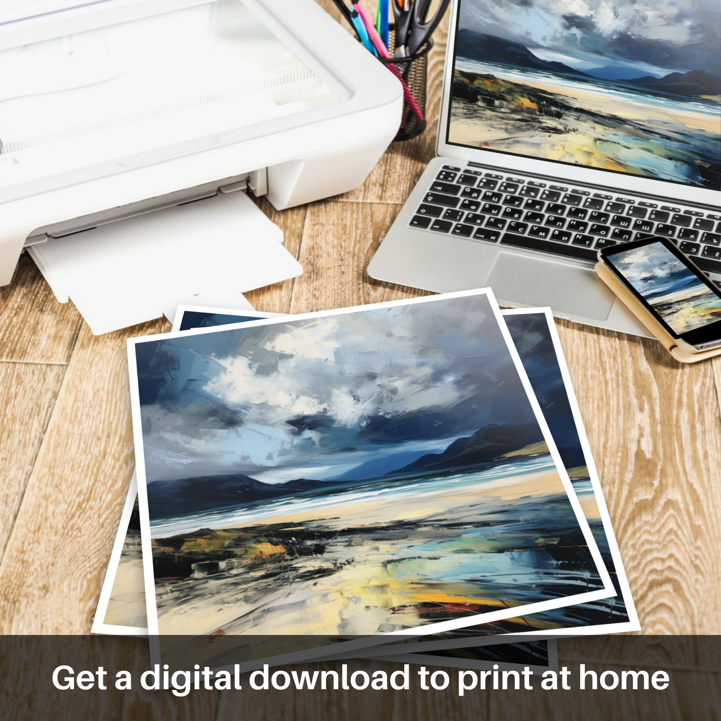 Downloadable and printable picture of Scarista Beach with a stormy sky