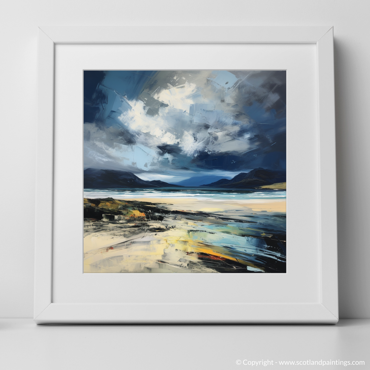 Art Print of Scarista Beach with a stormy sky with a white frame