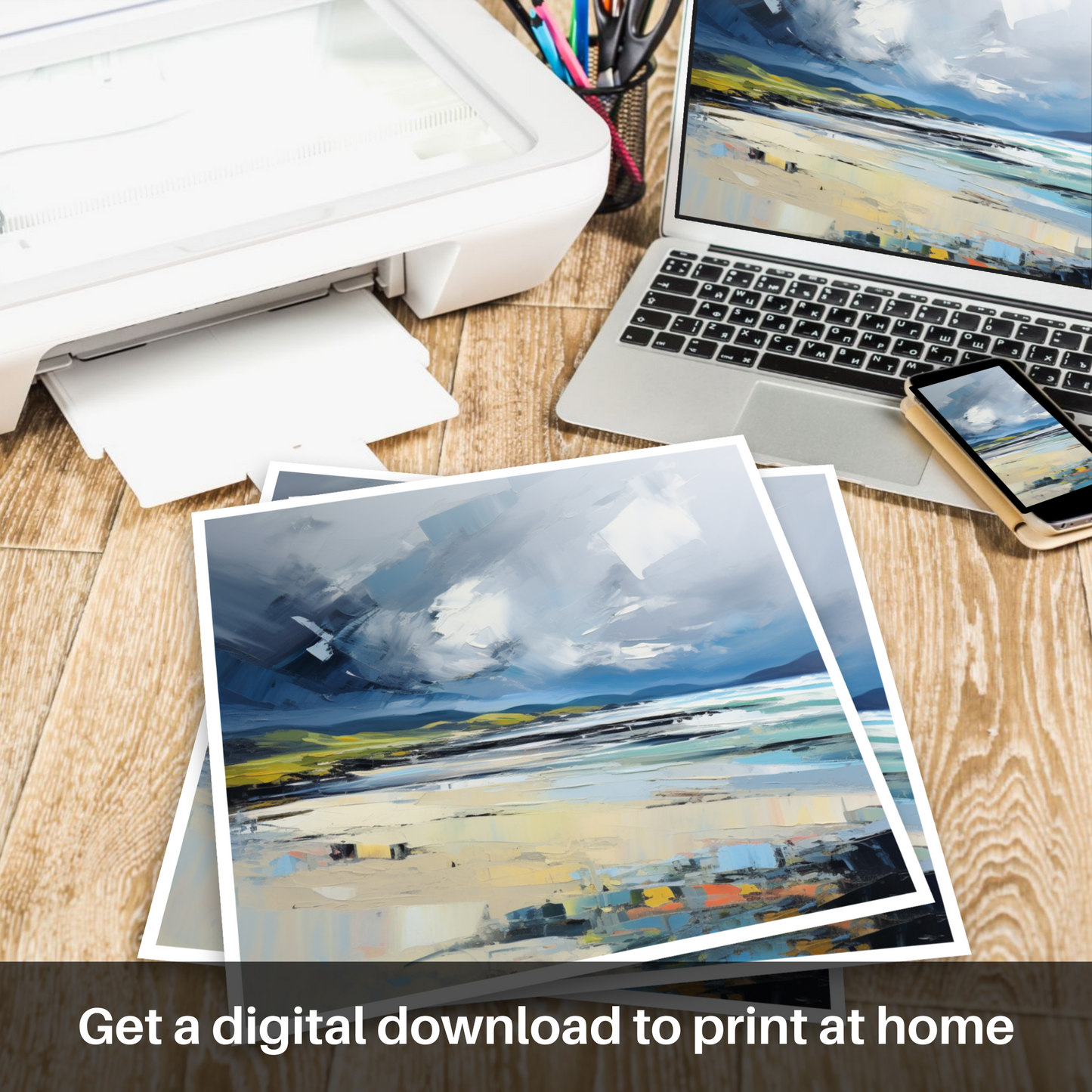 Downloadable and printable picture of Scarista Beach with a stormy sky